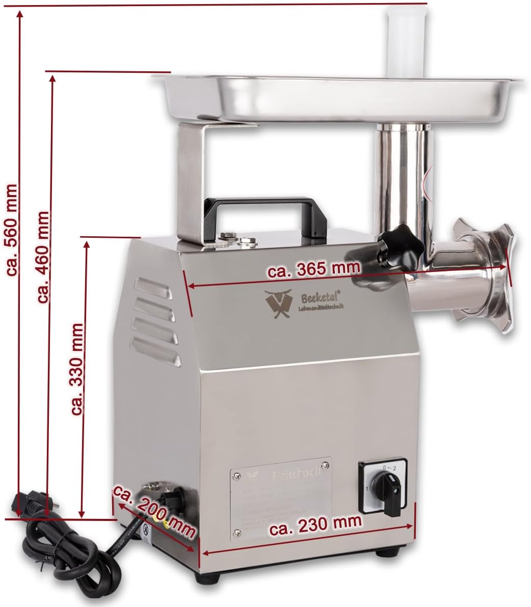 Beeketal 'FW120B' Profi Gastro Edelstahl Fleischwolf mit 120 kg/Std. Durchsatz,800 Watt Motor, 1 Geschwindigkeit, Tragegriff, inkl. 3x Messer, 3x Lochscheiben (3-6-8 mm), Stopfer, Rückwärtsgang
