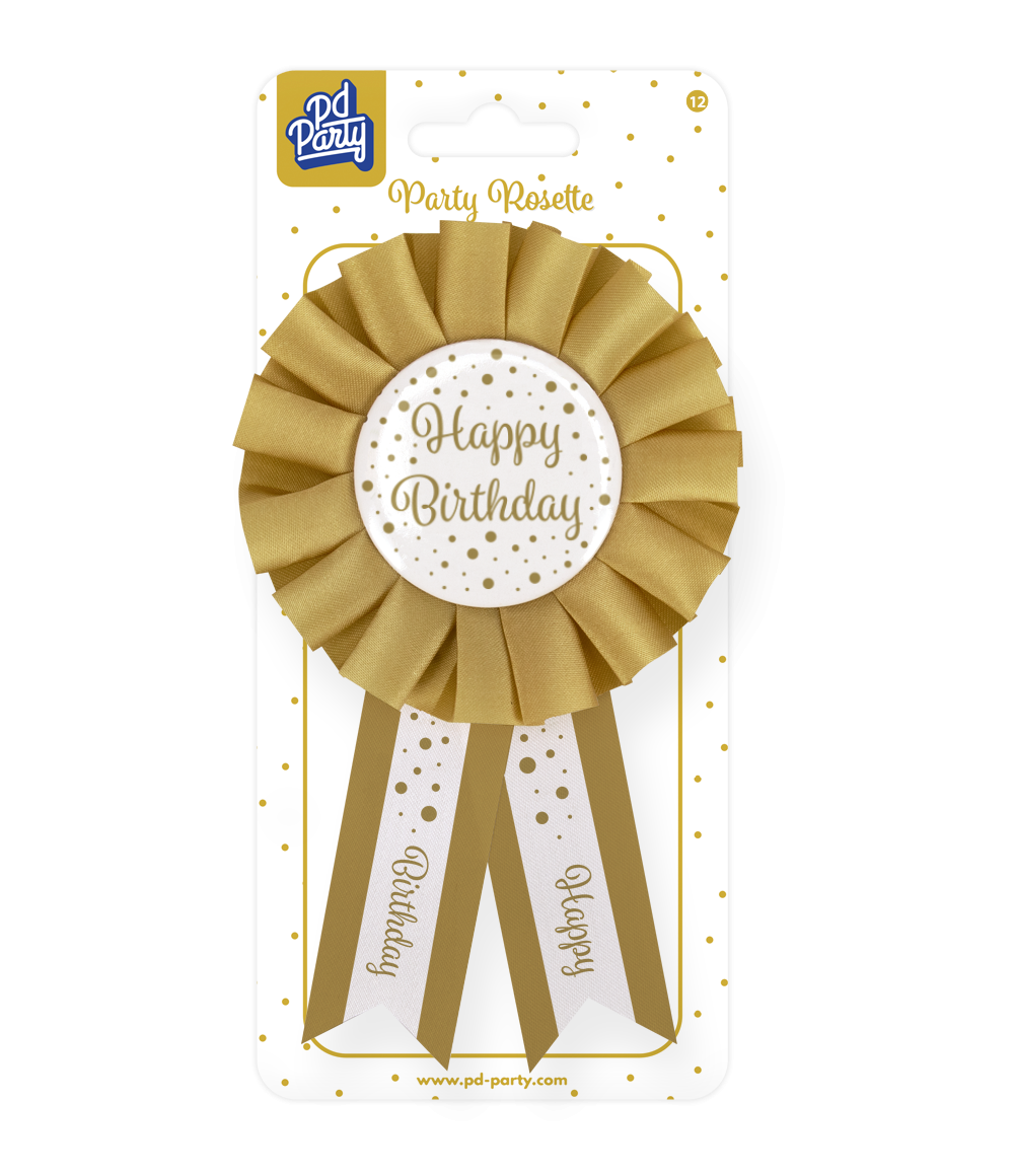 Rozet Happy Birthday Goud Wit 14cm