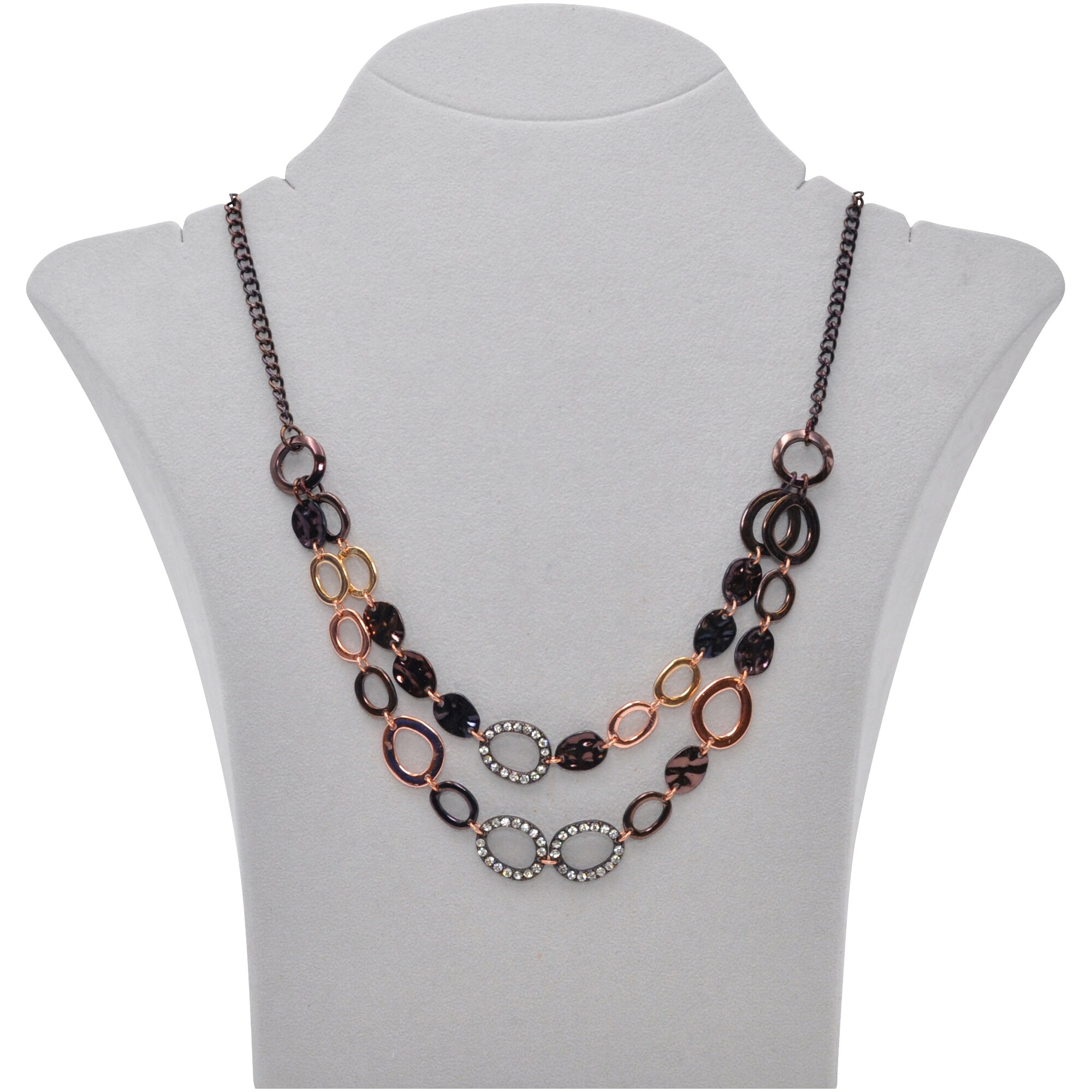 Steuer Modeschmuck Collierkette Metallcollier 2-reihig in kupferbraun mit Strasszierde