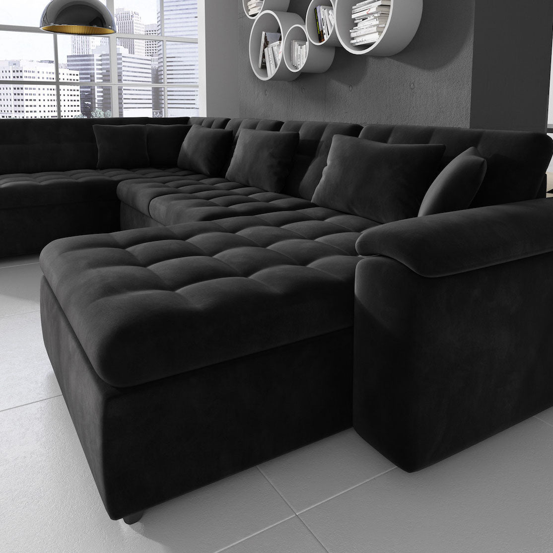 Nicoreta - Hoekbank 5-zits met chaise longue - Velvet zwart - Rechts