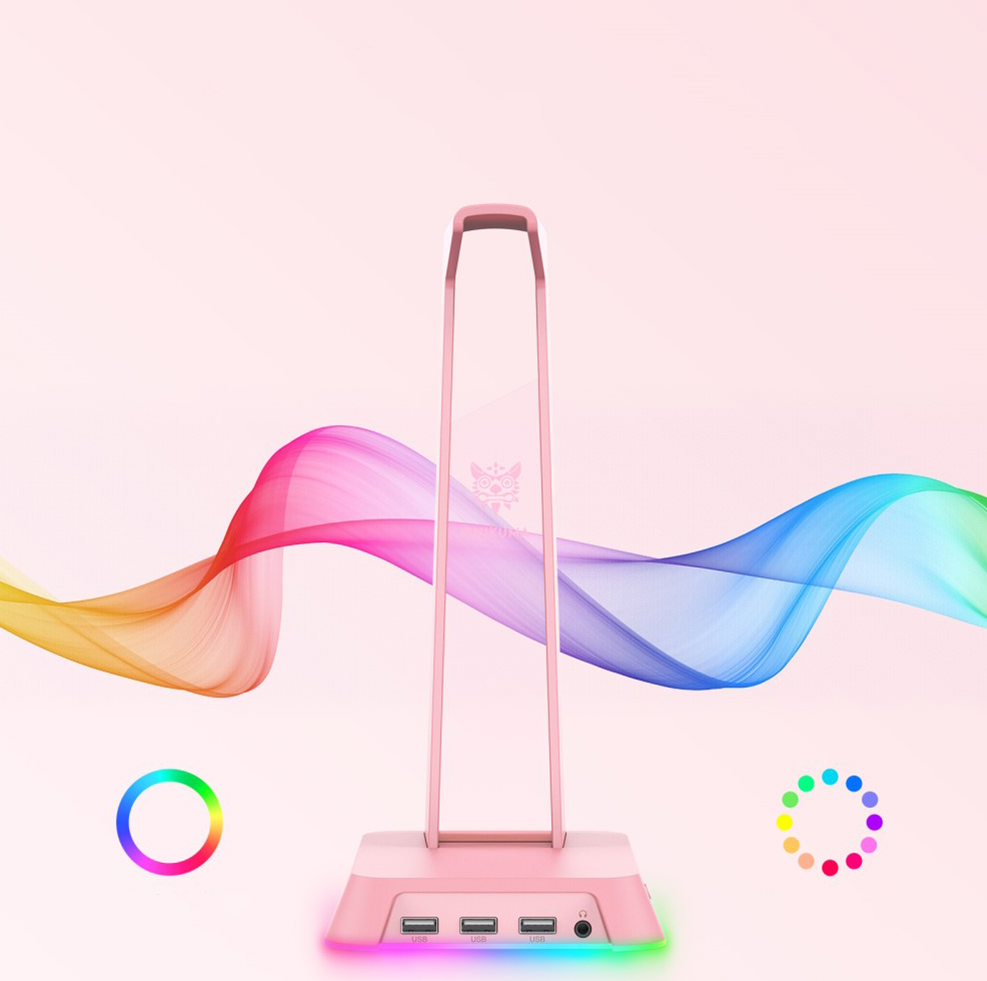 Gaming Kopfhörer Halterung Ständer für Over-Ear Headset mit 3x USB A / 3.5mm Klinke Anschluss   RGB Beleuchtung - Rosa