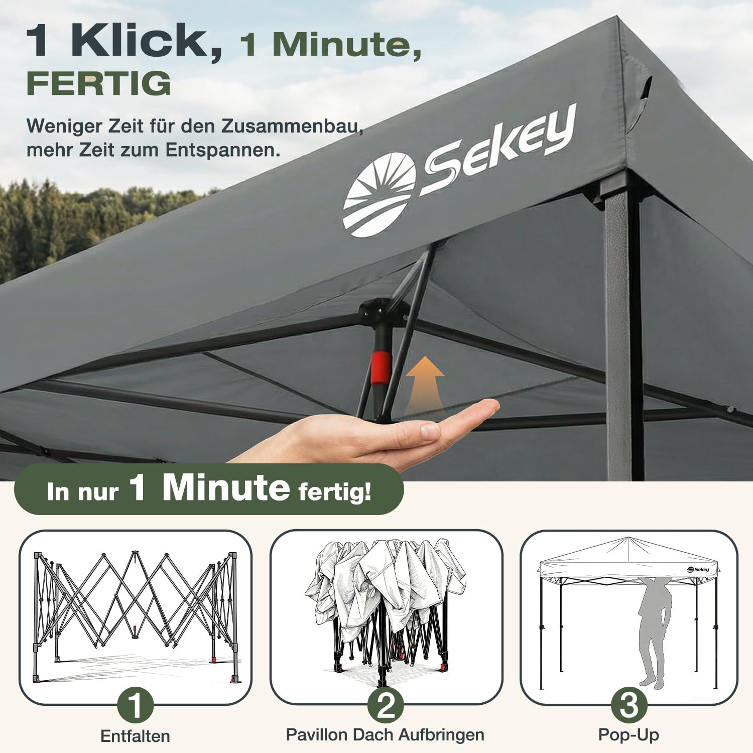 Sekey Premium Pop Up Pavillon 3x3 Wasserdicht Stabil, 3 x 3 m Pavillon mit Seitenwänden, Faltpavillon Partyzelt Faltbar für Camping Party, Höhe Verstellbar 250-270cm, (Grau, Mit Seitenwänden)