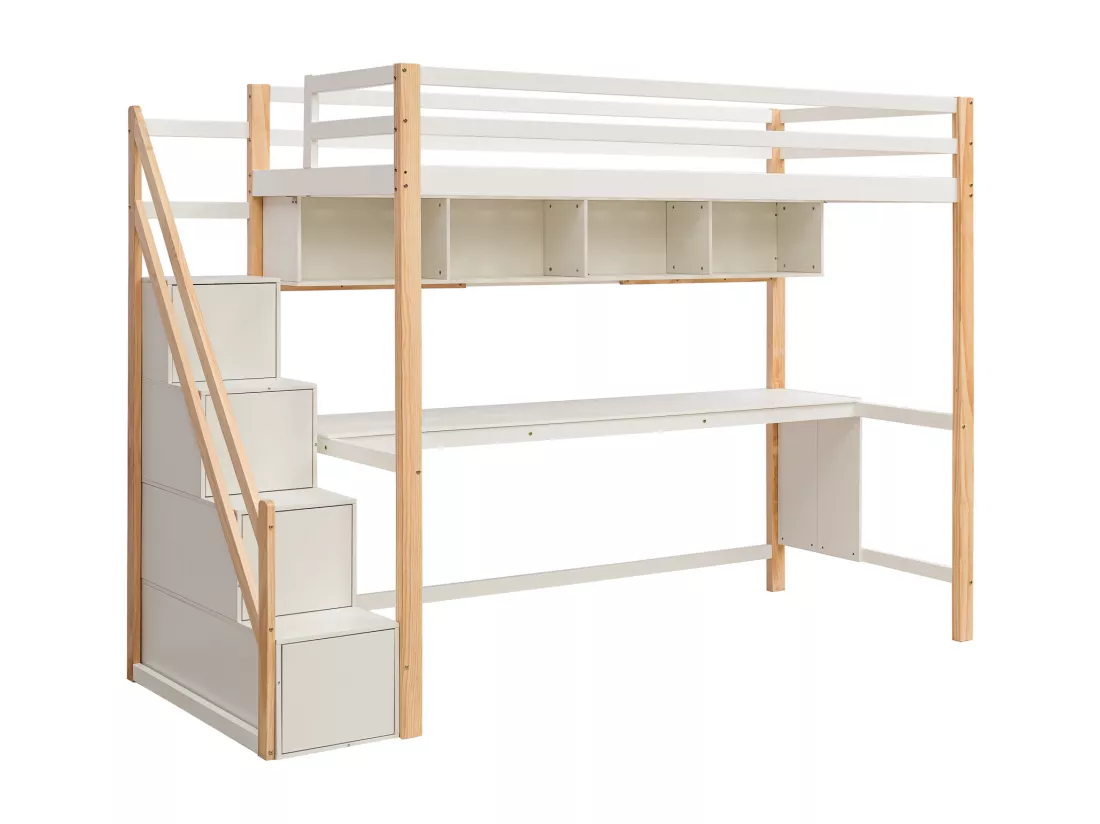 Lit mezzanine 90x200cm en bois - avec escalier de rangement + bureau + sommier à lattes - Blanc & Naturel