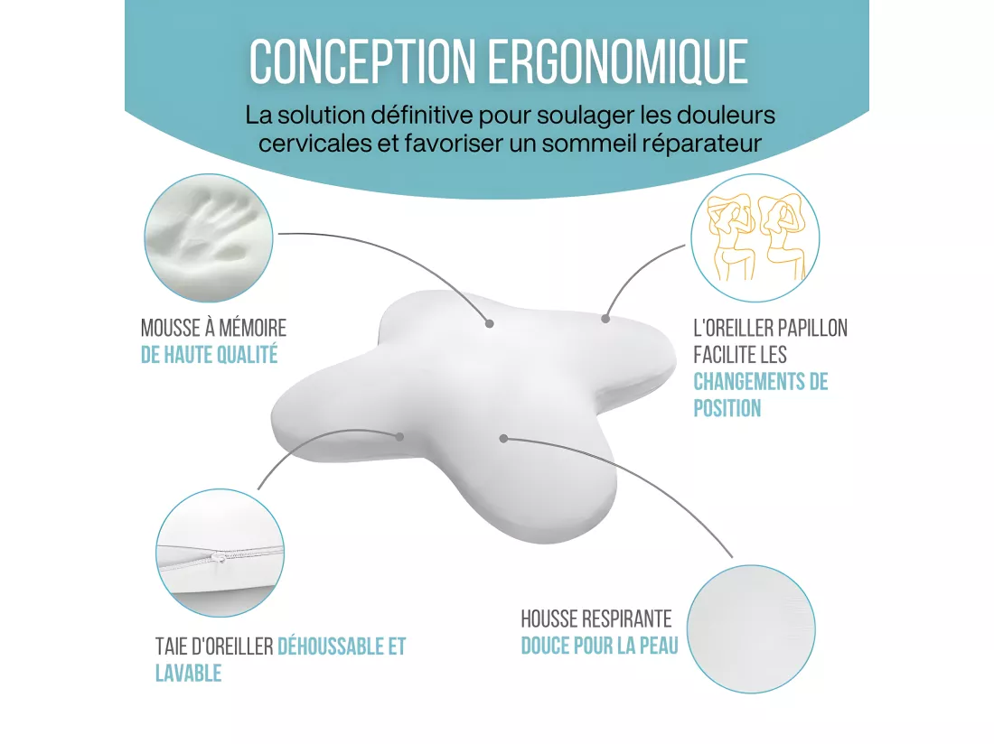 Oreiller Papillon Rafraîchissant 53x43 Double Face, Gel Refroidissant, Mémoire de Forme- PURE