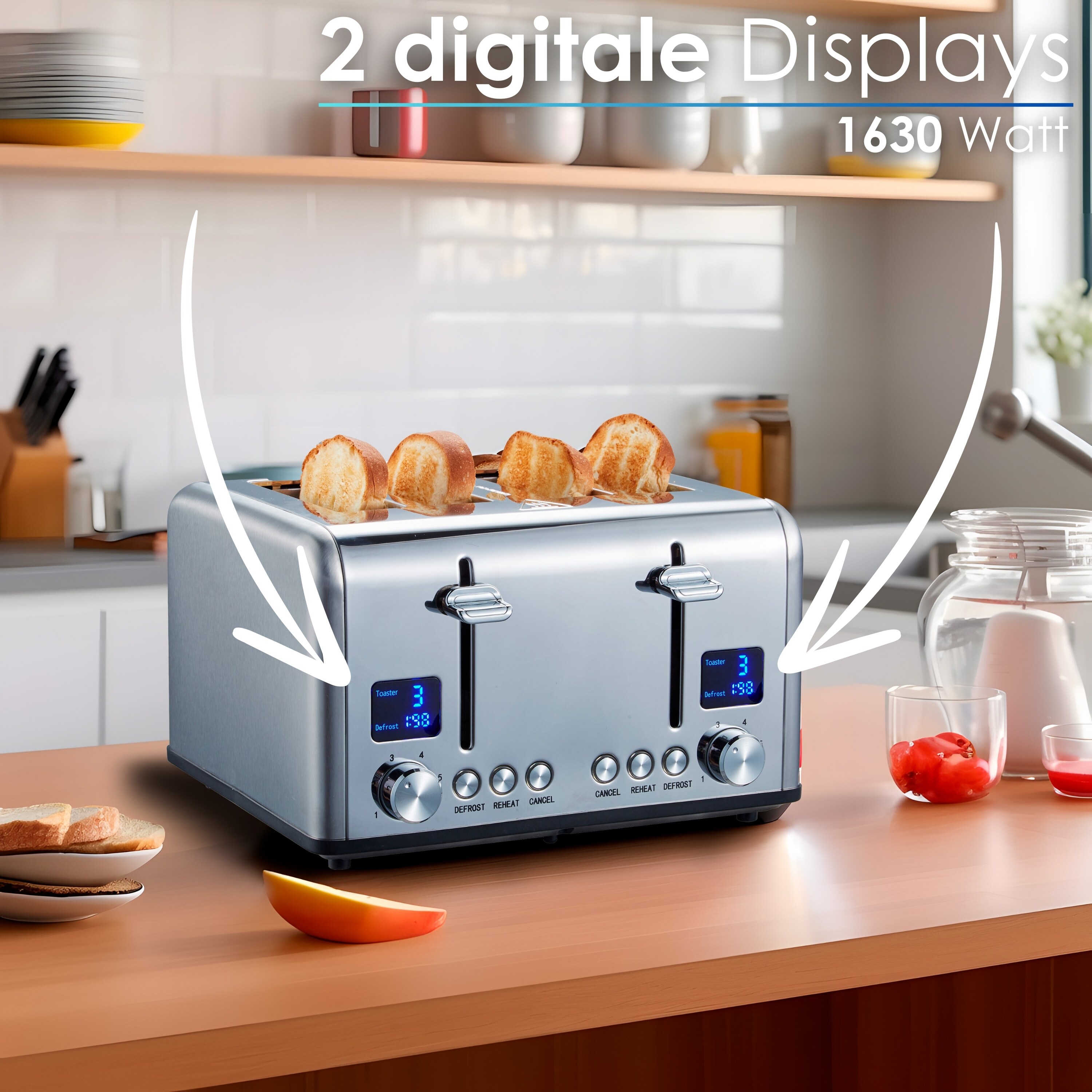 Steinborg 4 Scheiben Edelstahl Toaster mit Brötchenaufsatz 1630W
