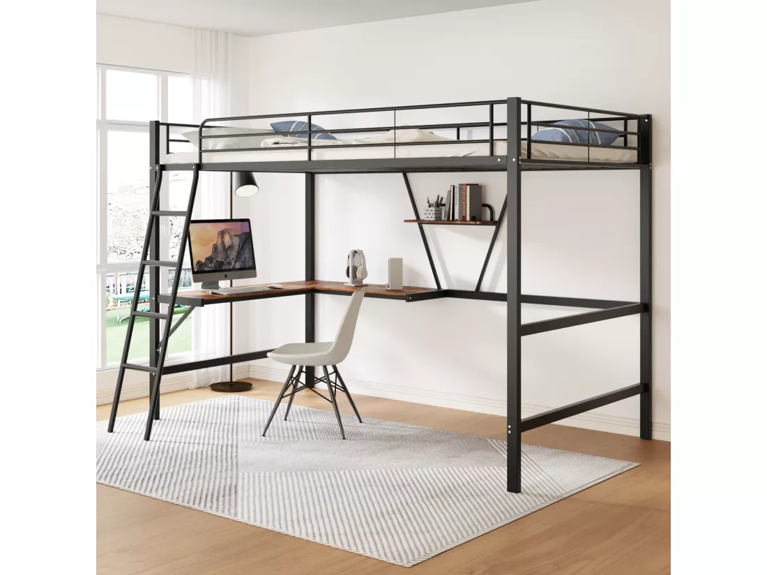 Lit mezzanine 90x200cm, cadre en métal, lit surélevé avec échelle, bureau en forme de L et 1 étagère pour enfants, adolescents, noir