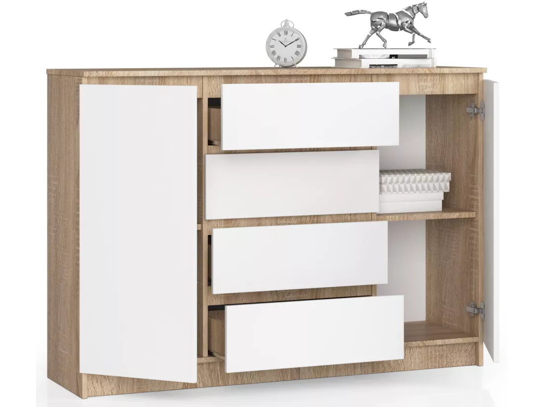 Commode AKORD K140 Chêne Sonoma 138 cm 2 portes 4 tiroirs façade Blanche 4 étagères 138x40x99 cm