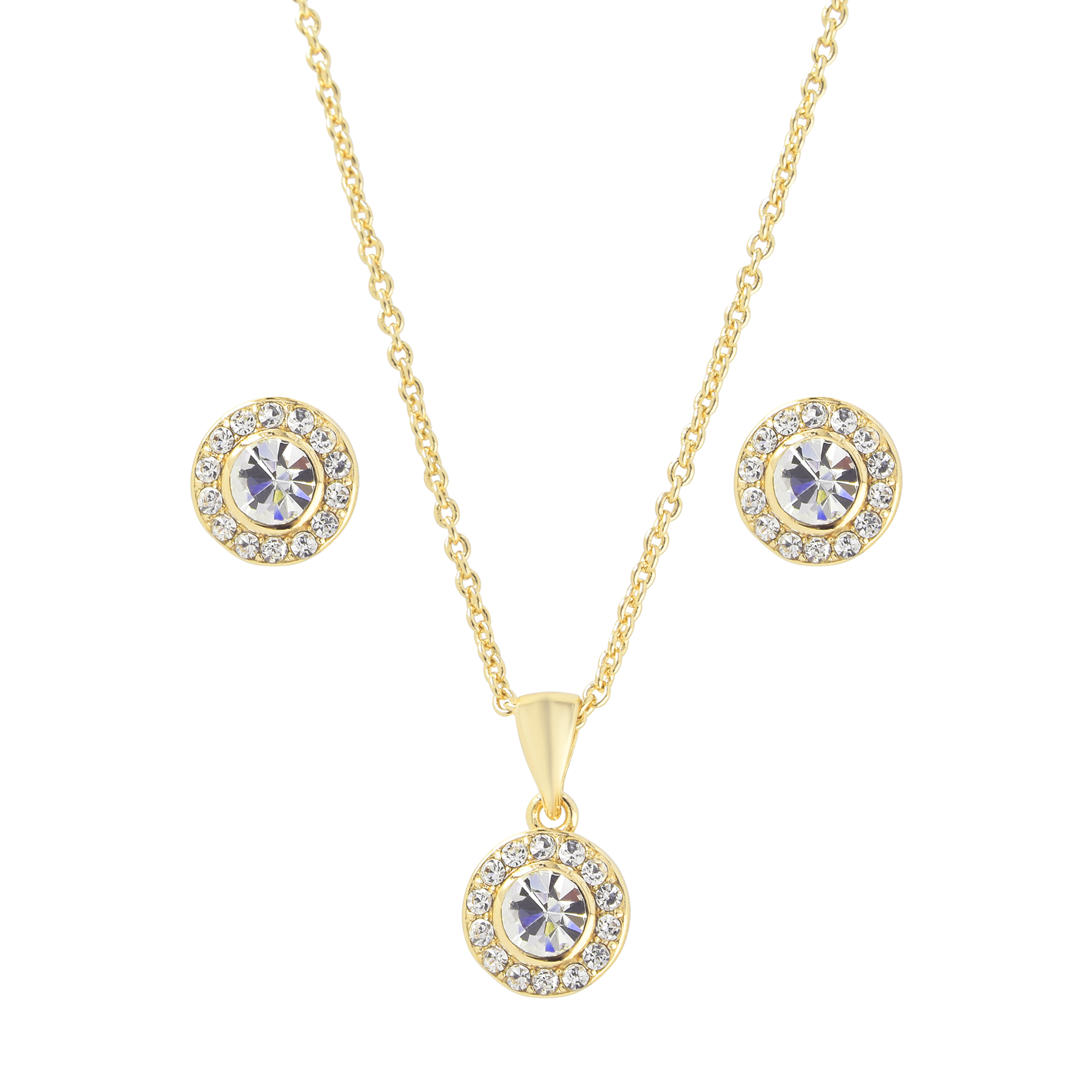 (3-tlg. Set) 14K Gold Damen Halskette / Ohrstecker mit Kristall Strass Stein Anhänger - Gold