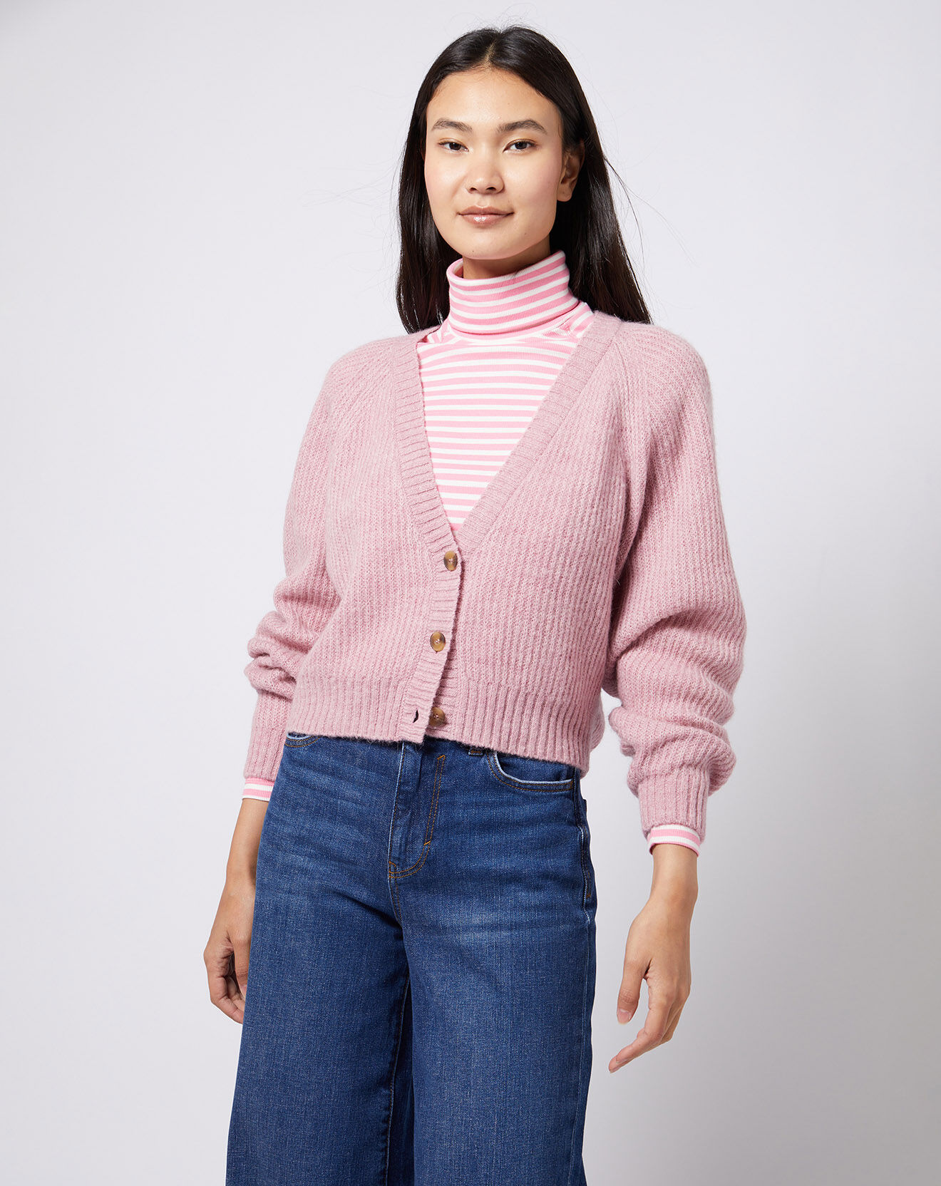 Esprit Cardigan court en Laine & Alpaga mélangés rose clair
