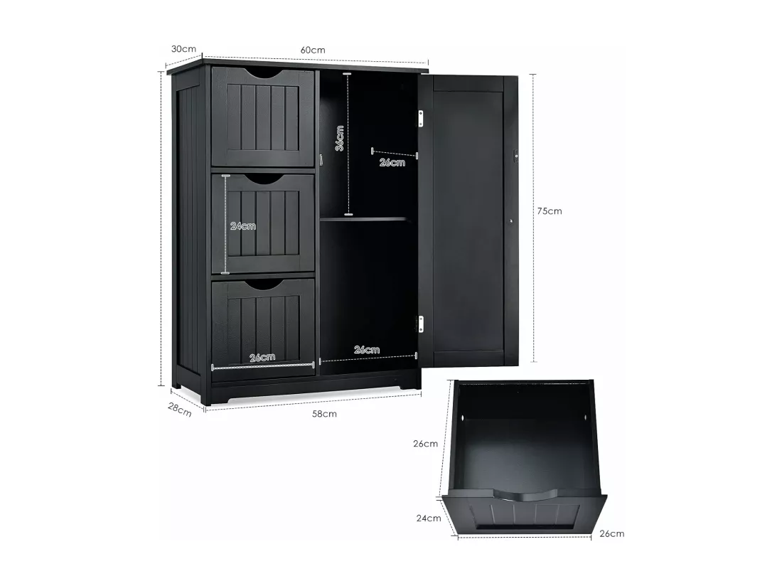 Meuble de Salle de Bain avec 3 Tiroirs, 1 Placard, Rangement Salle de Bain Étagère Réglable pour Salon, Chambre, Entrée, 58x28x81cm (3 Tiroirs - Noir)