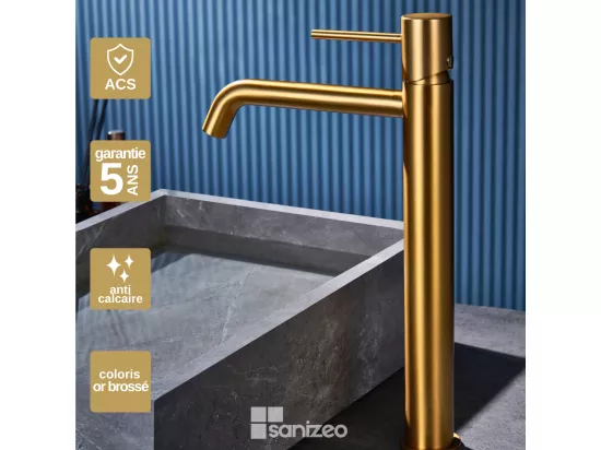 Robinet Mitigeur de Lavabo anti-calcaire Bec Haut Or Brossé IMEX MONZA BDM039-3OC