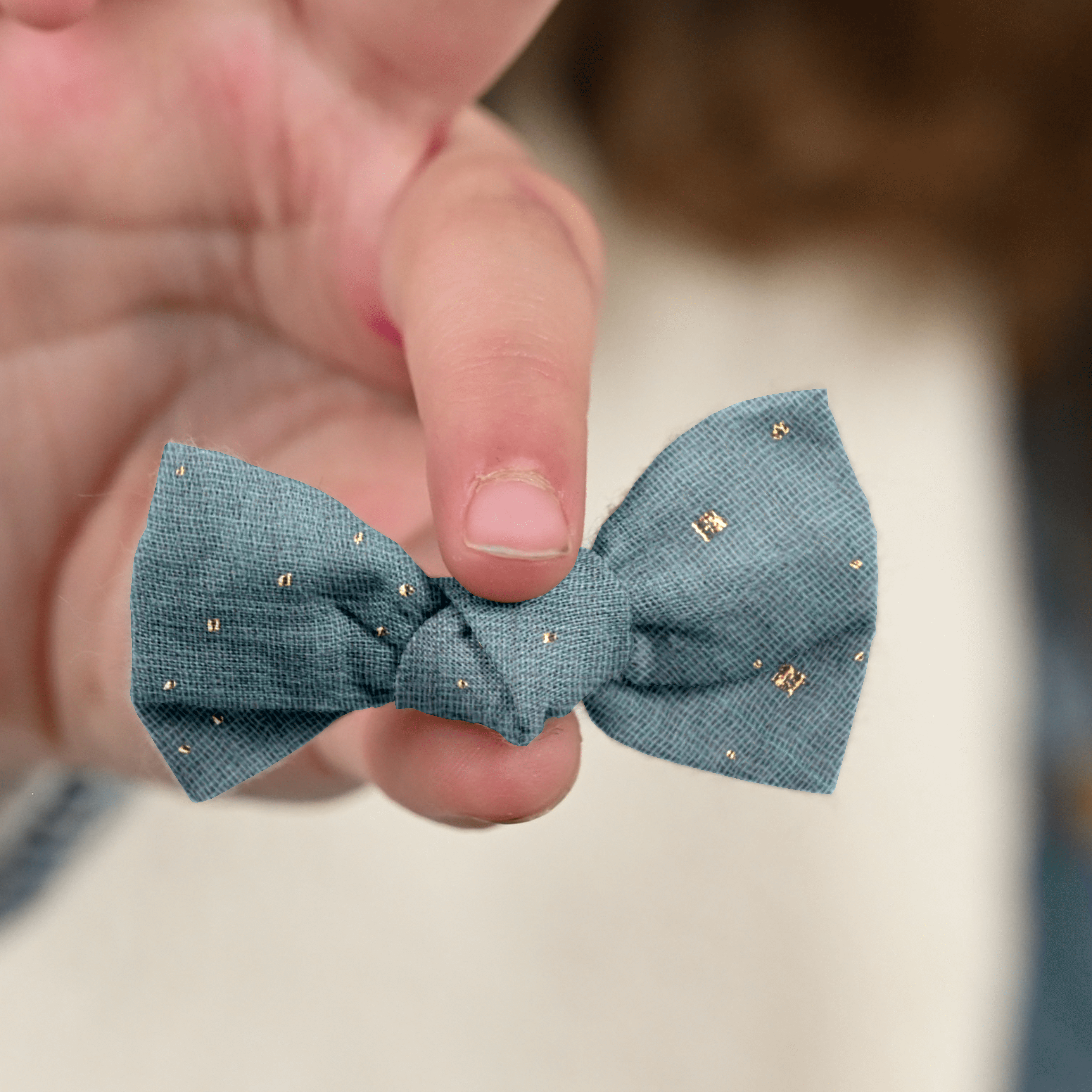 Barrette Petit Noeud Gaze Pois Or Bleu Gris