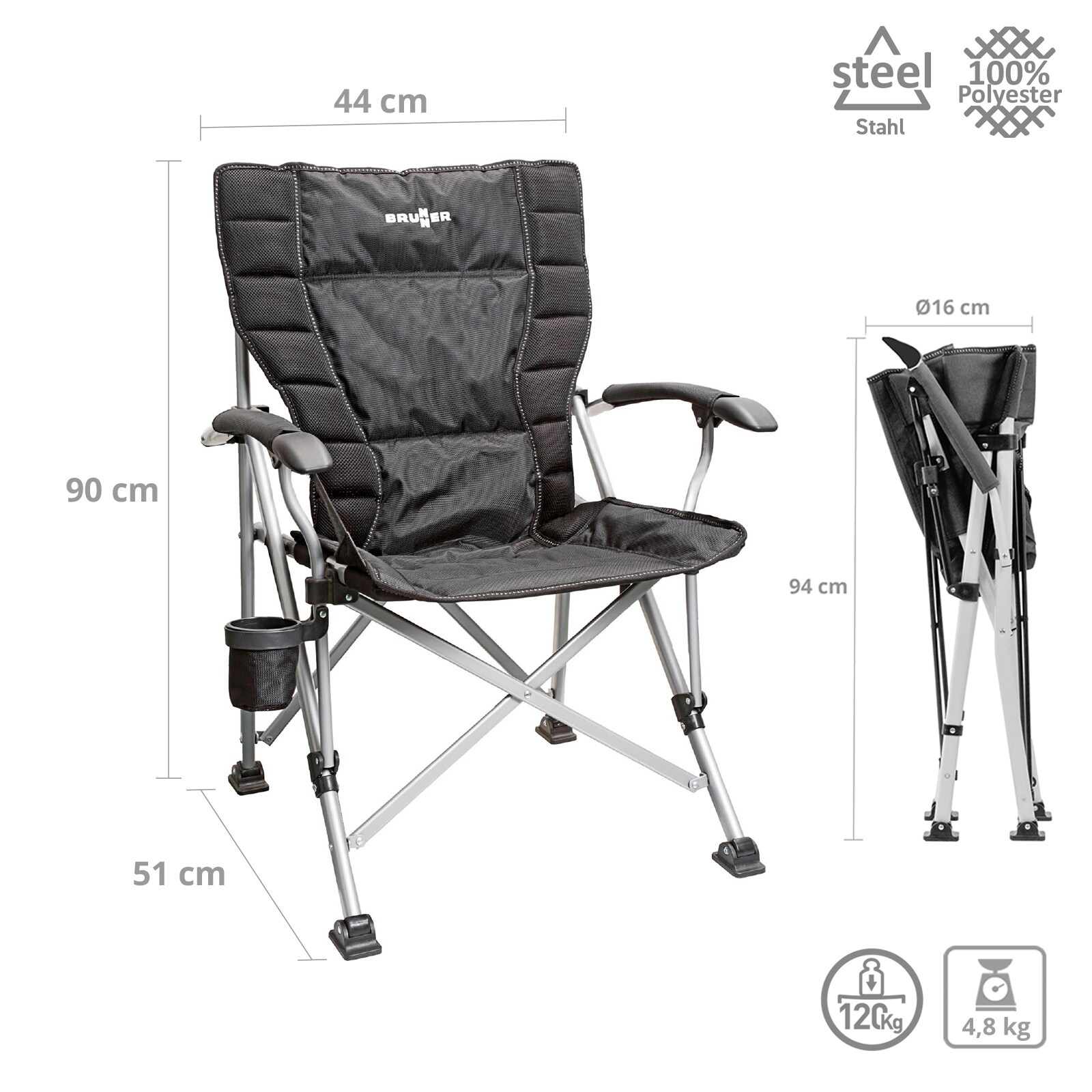 BRUNNER Camping Stuhl Raptor NG 2.0 Garten Klapp Sessel 3D-Polster Stahl 120 kg