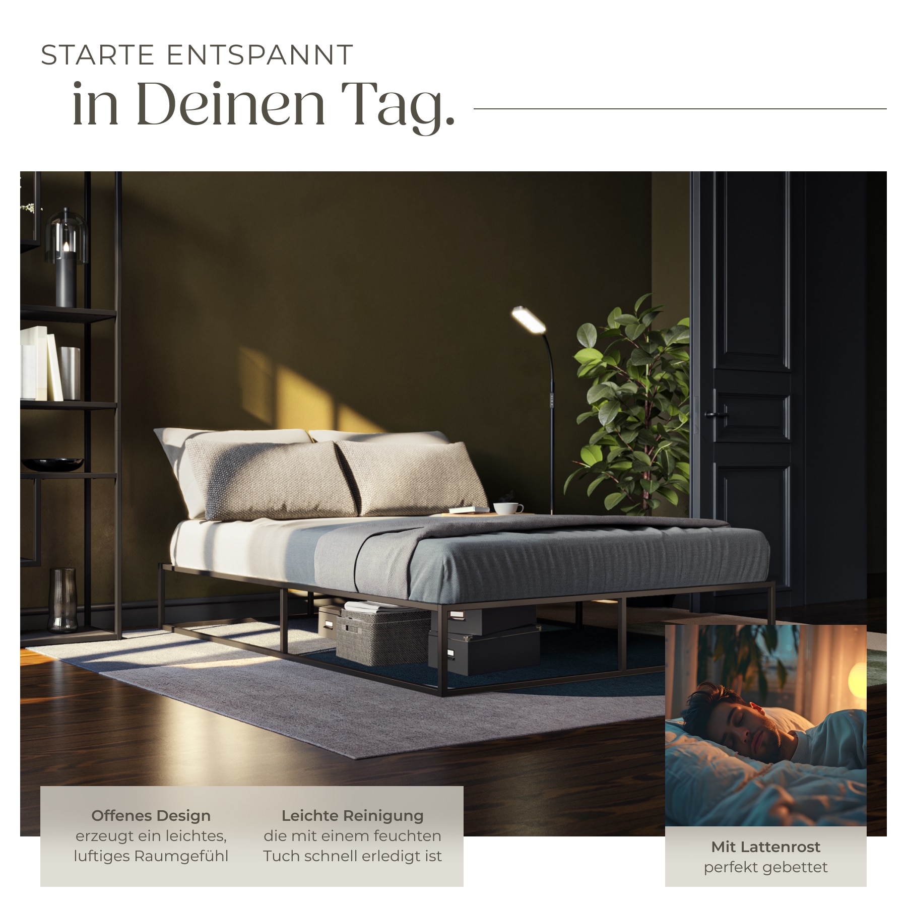 tectake® Bett, robustes Stahlgestell, zeitloses Design, Plattformgestell mit Unterbettstauraum, Belastbarkeit 250 kg, bodenschonende Kunststoffkappen