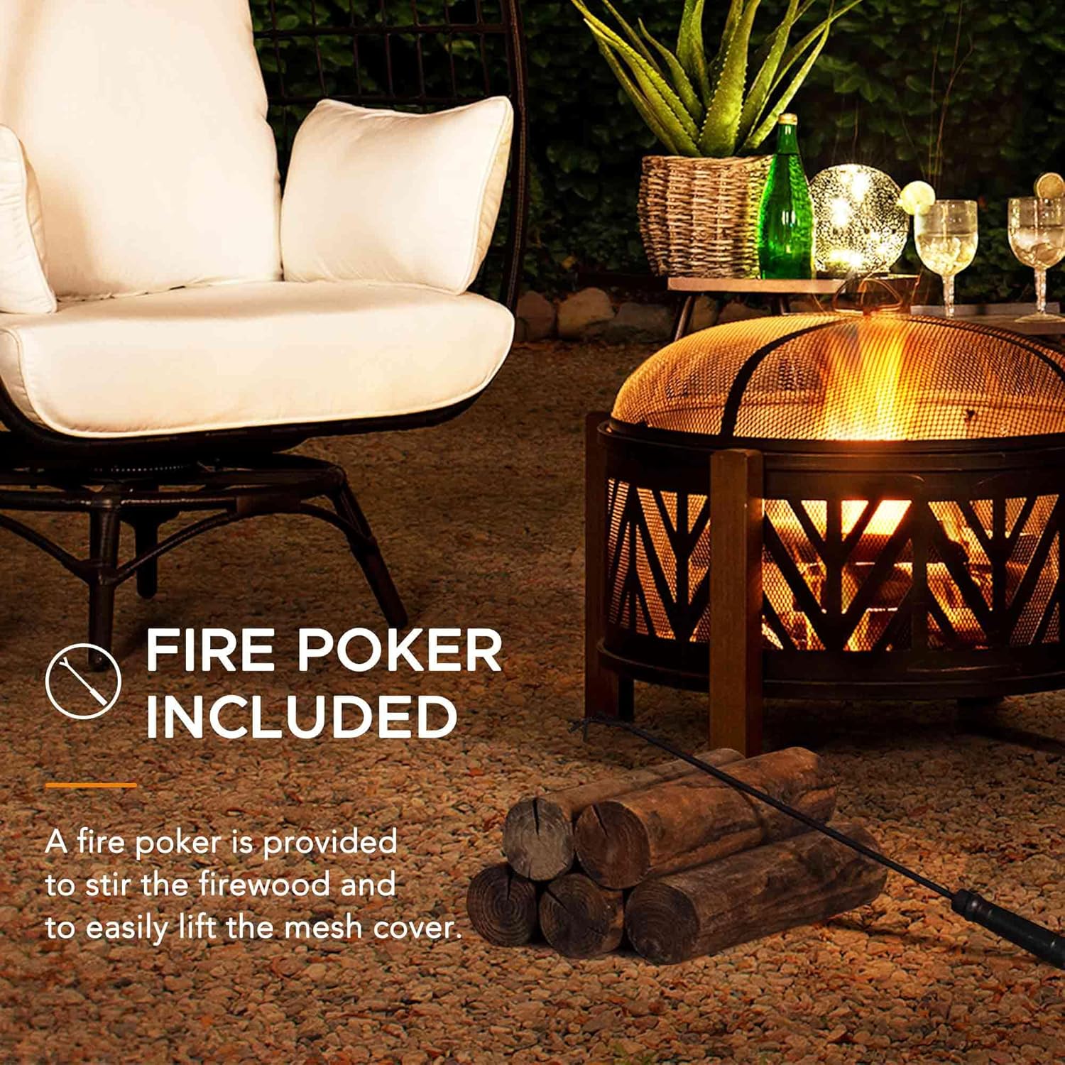 Sunjoy 78,7 cm. Große Feuerstelle für den Außenbereich, runde Holzfeuerschale, Outdoor-Terrasse, Stahlschalen-Form, Feuerstelle mit Netz-Funkenschutz und Schürhaken-Werkzeug