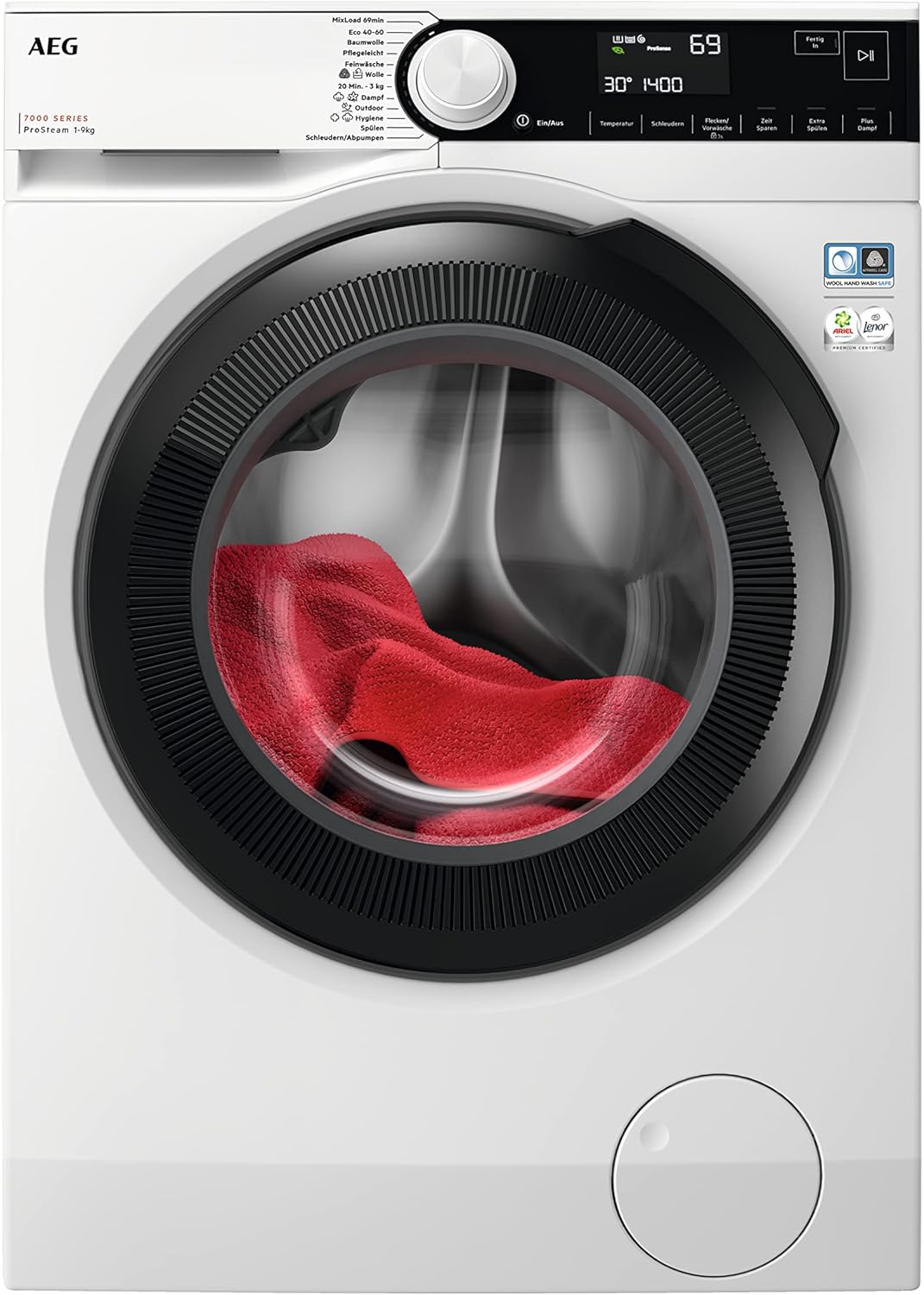AEG LR7A70490 Waschmaschine / ProSteam - Auffrischfunktion / 9.0 kg / Leise / Mengenautomatik / Nachlegefunktion / Kindersicherung / Wasserstopp / 1400 U/min, Weiß