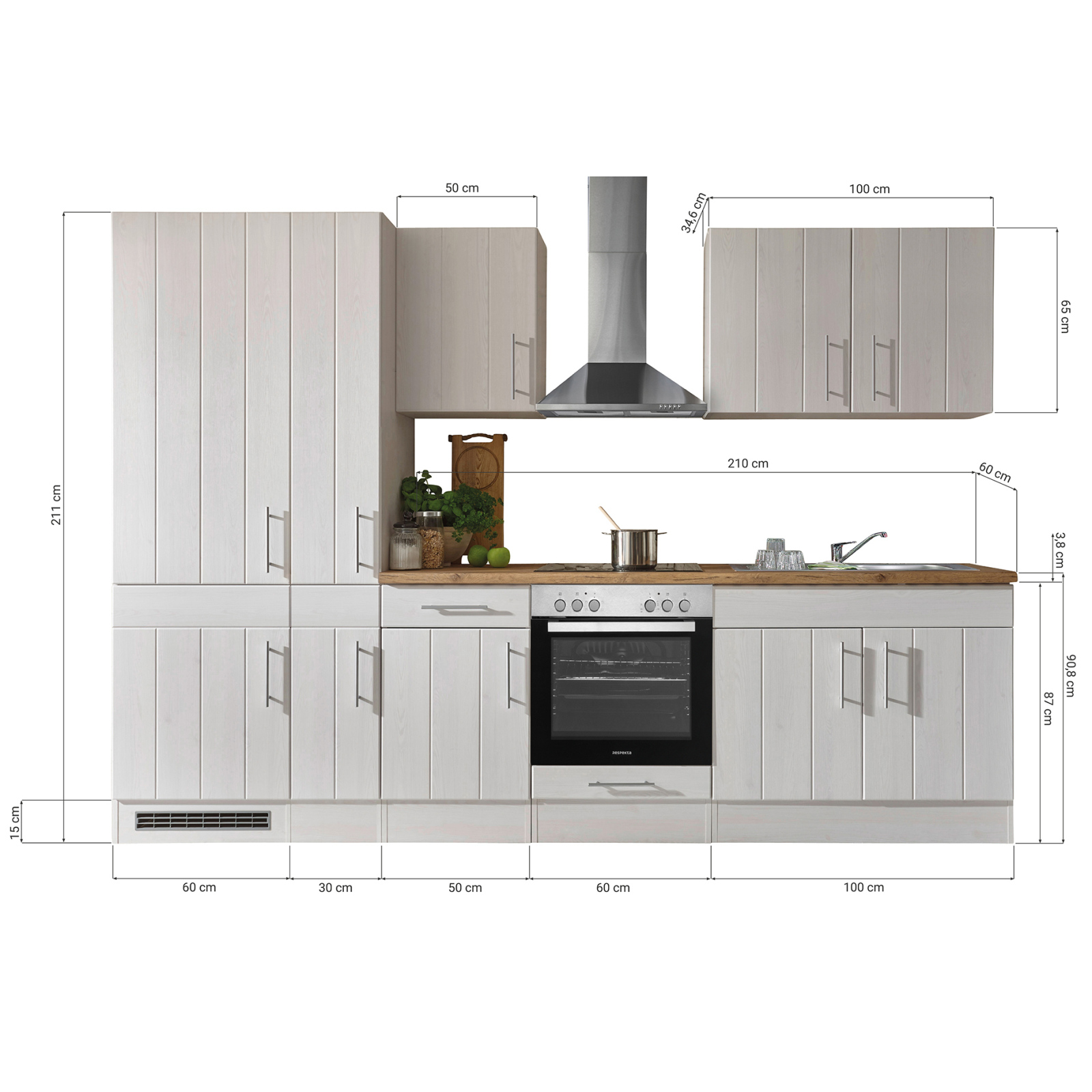 RESPEKTA Küchenblock - Lärche weiß - mit E-Geräten - 300 cm