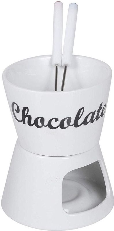 Excellent Houseware Chocoladefondue - 12,5 x 15,5 cm - wit - met vorken - keramiek