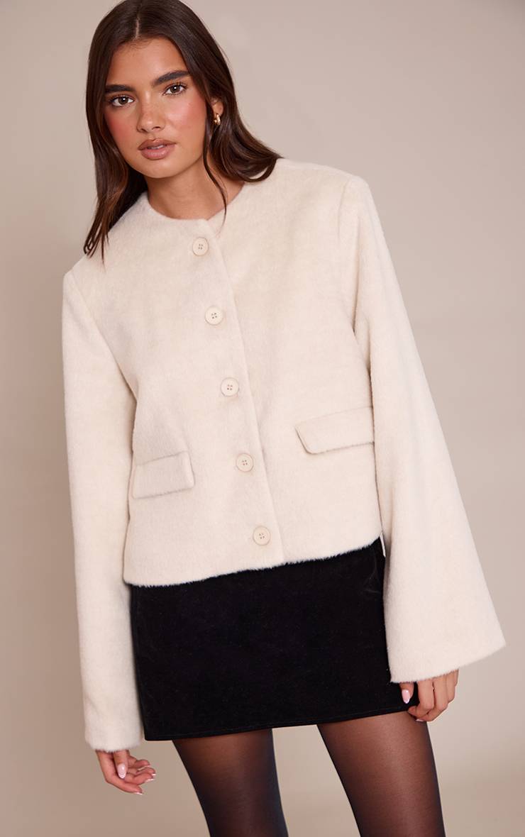 Crème Veste Cintrée En Laine Brossée À Simple Boutonnage
