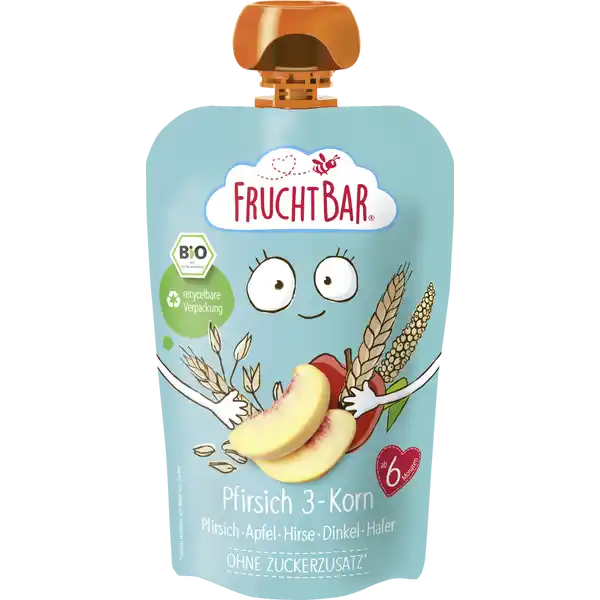 Bio Fruchtpüree Pfirsich 3-Korn, Pfirsich, Apfel, Hirse, Dinkel, Hafer