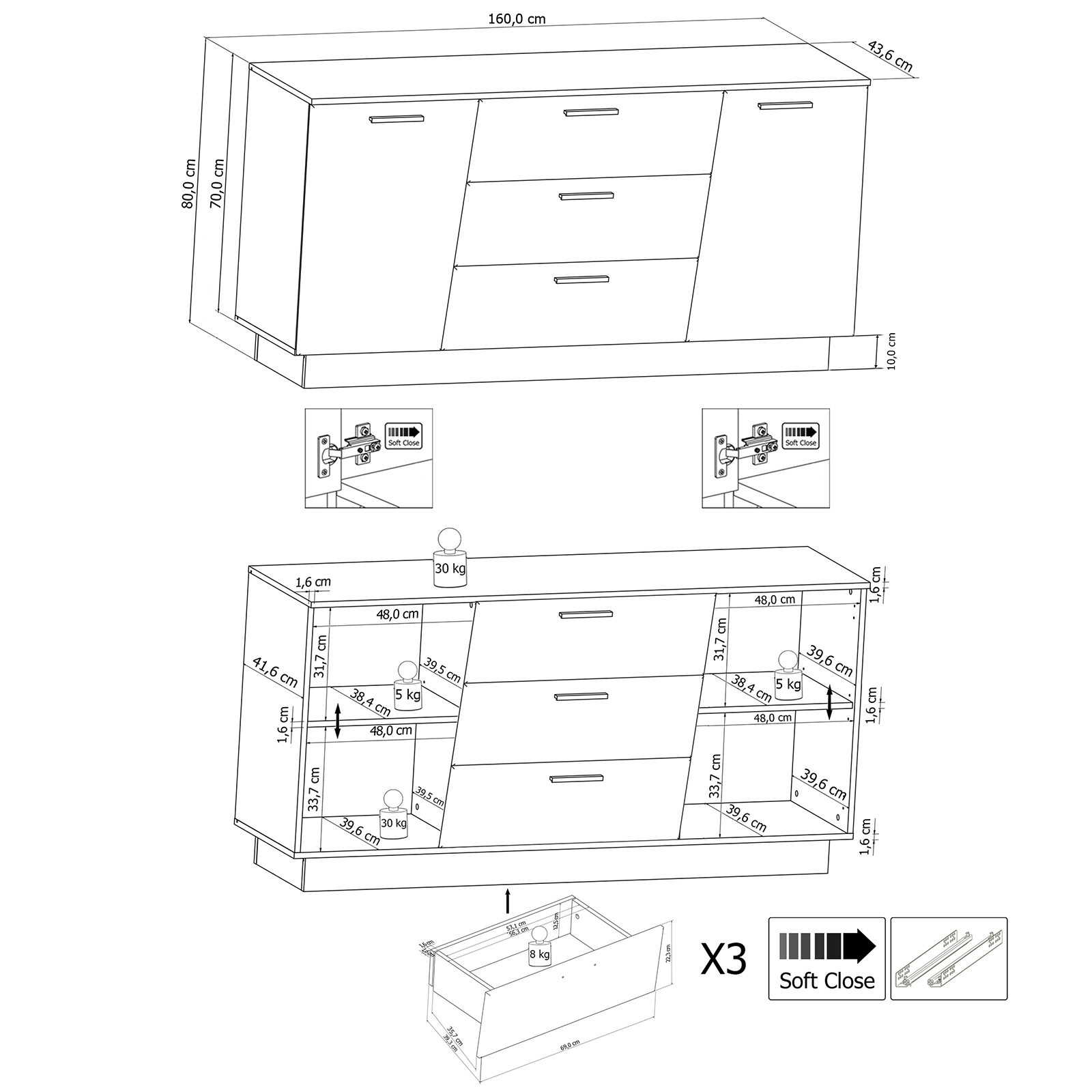 Sideboard MEDIA - weiß Hochglanz - 180 cm