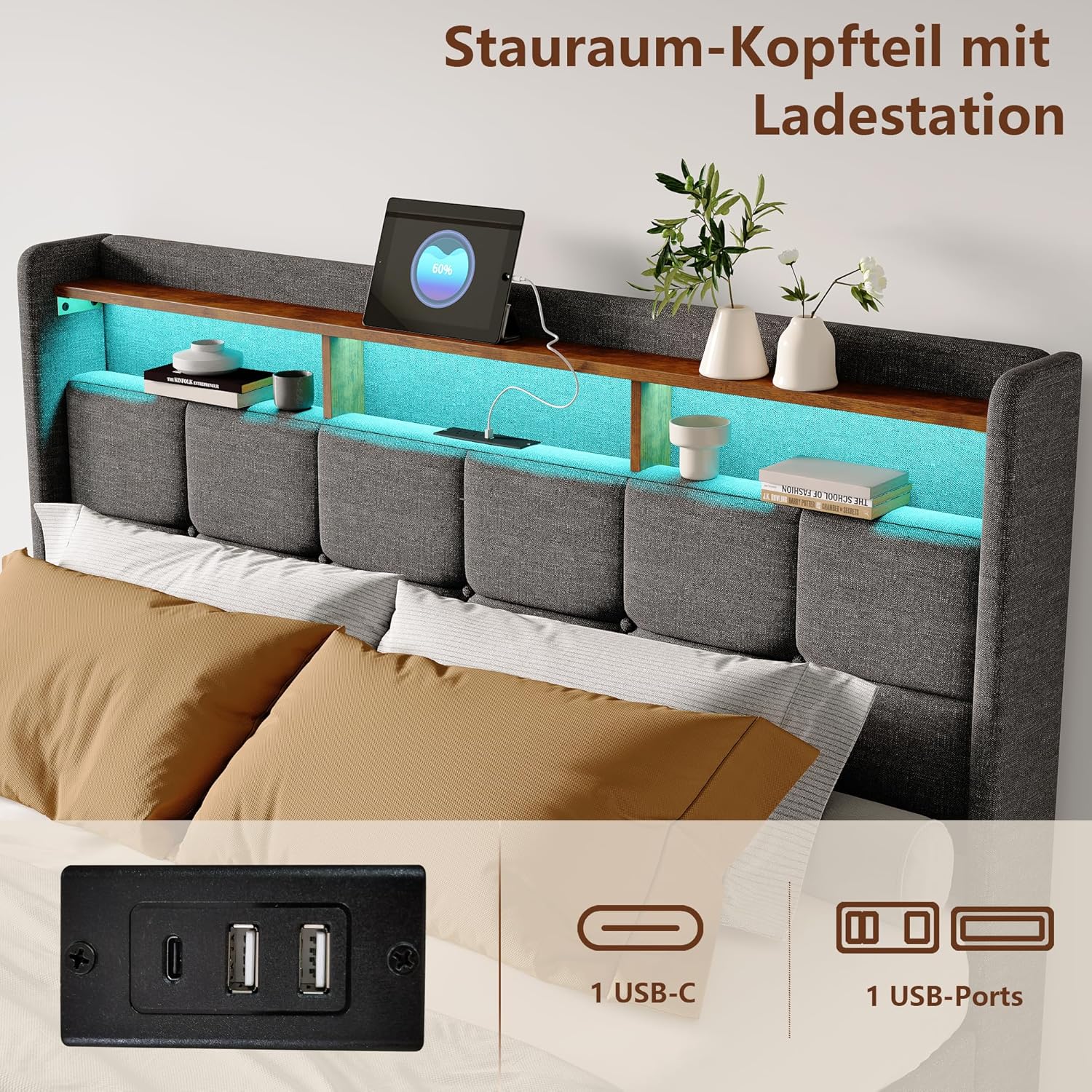 Bett 180x200, Polsterbett Doppelbett mit LED und USB, 4 Schubladen, Kopfteil mit Stauraum, Boxspringbett Bettgestell mit Lattenrost, Modern Jugendbett Erwachsenenbett, Leinen, Grau, Ohne Matratze