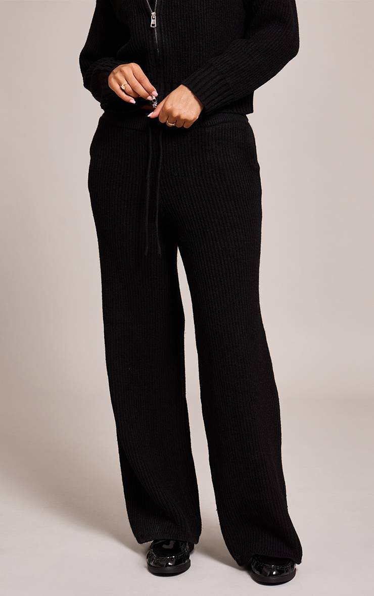 Noir Pantalon Petite En Maille Côtelée Brossée Avec Cordon De Serrage