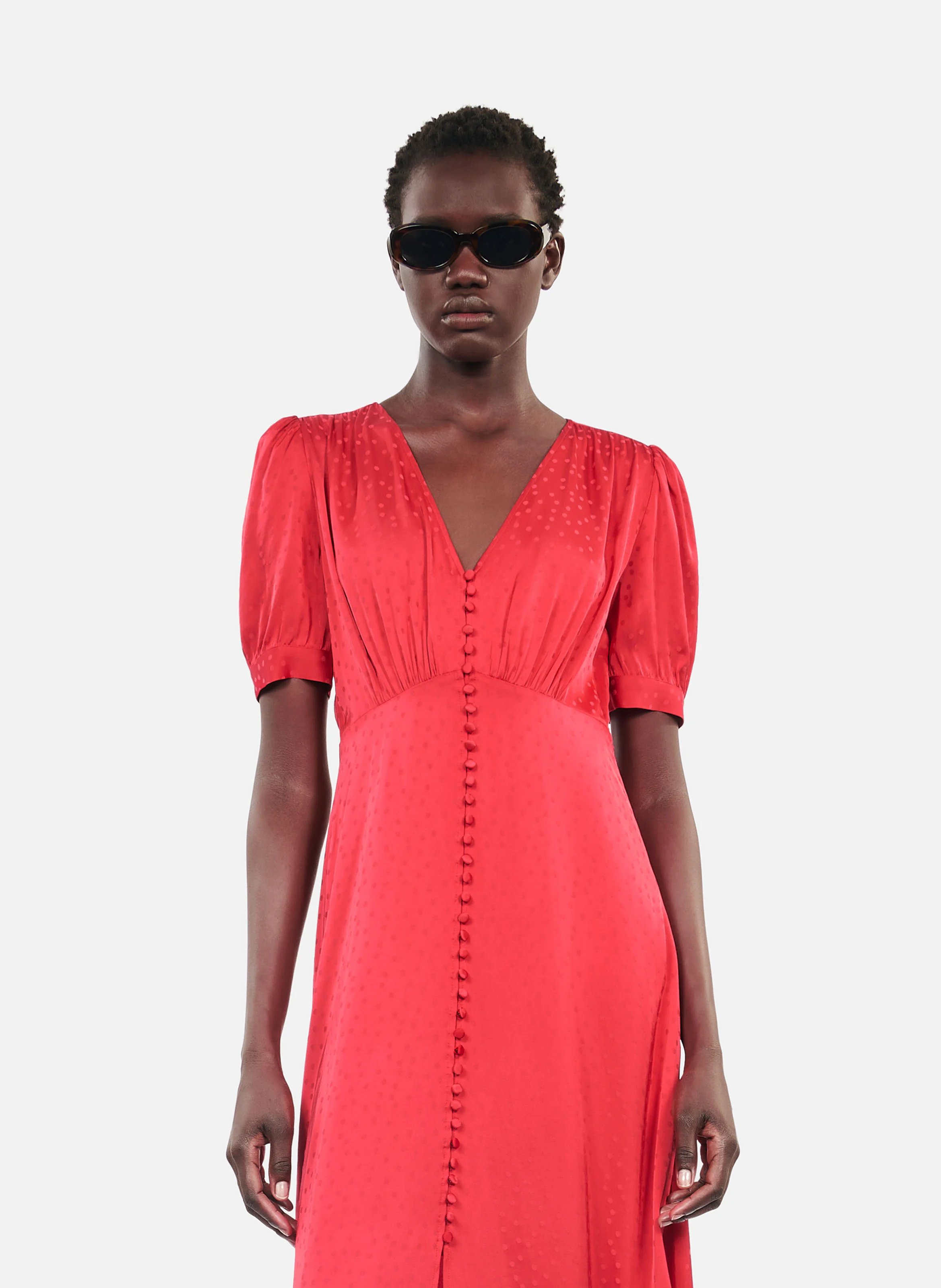 Robe droite col V en jacquard imprimé | Rouge