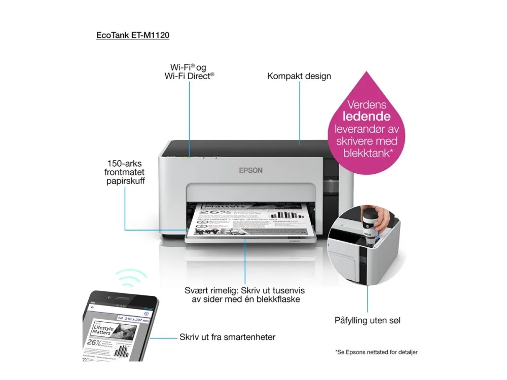 Epson EcoTank ET-M1120 - Printer - S/H - blækprinter - kan genopfyldes - A4/Legal - 1440 x 720 dpi - op til 15 spm - kapacitet: 150 ark - USB 2.0