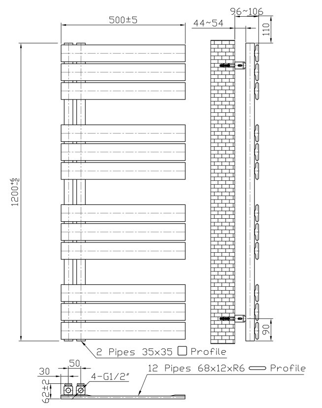 Sanigoods Vancouver handdoekradiator 50x120cm 593W zwart mat