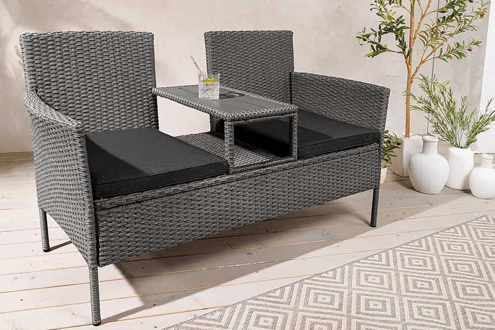 Moderne Gartenbank PORTOFINO 140cm grau Polyrattan Outdoor Sitzbank mit Tisch wetterfest