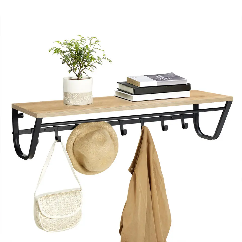 Hangende Kapstok voor Muur of Wand - 8 Haken en 1 Bar - 90 cm Lang - Lichte Eik