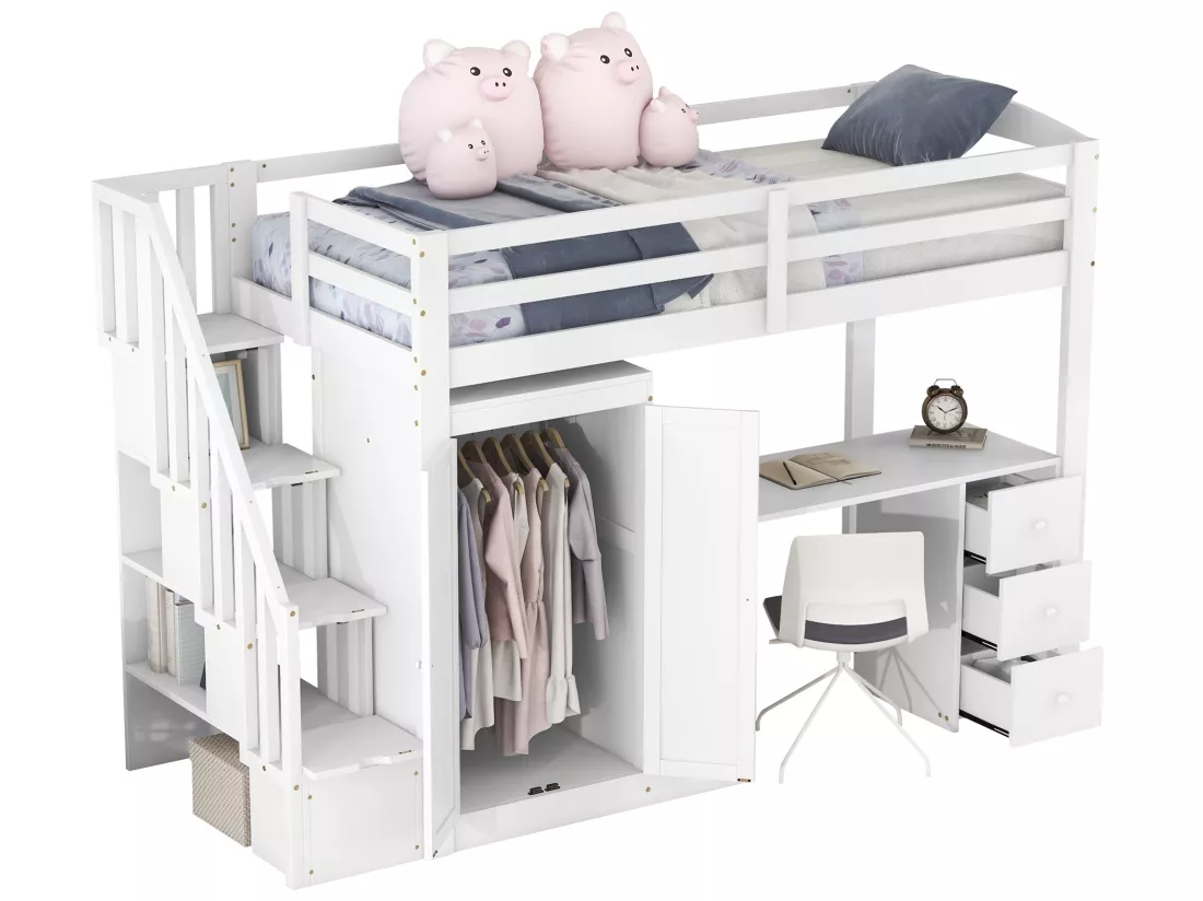 Lit mezzanine 90 x 200 avec armoire et escalier, bureau et tiroirs - Pin + MDF - Blanc