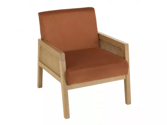 ALBANE - Fauteuil velours orange pieds bois et accoudoirs rotin