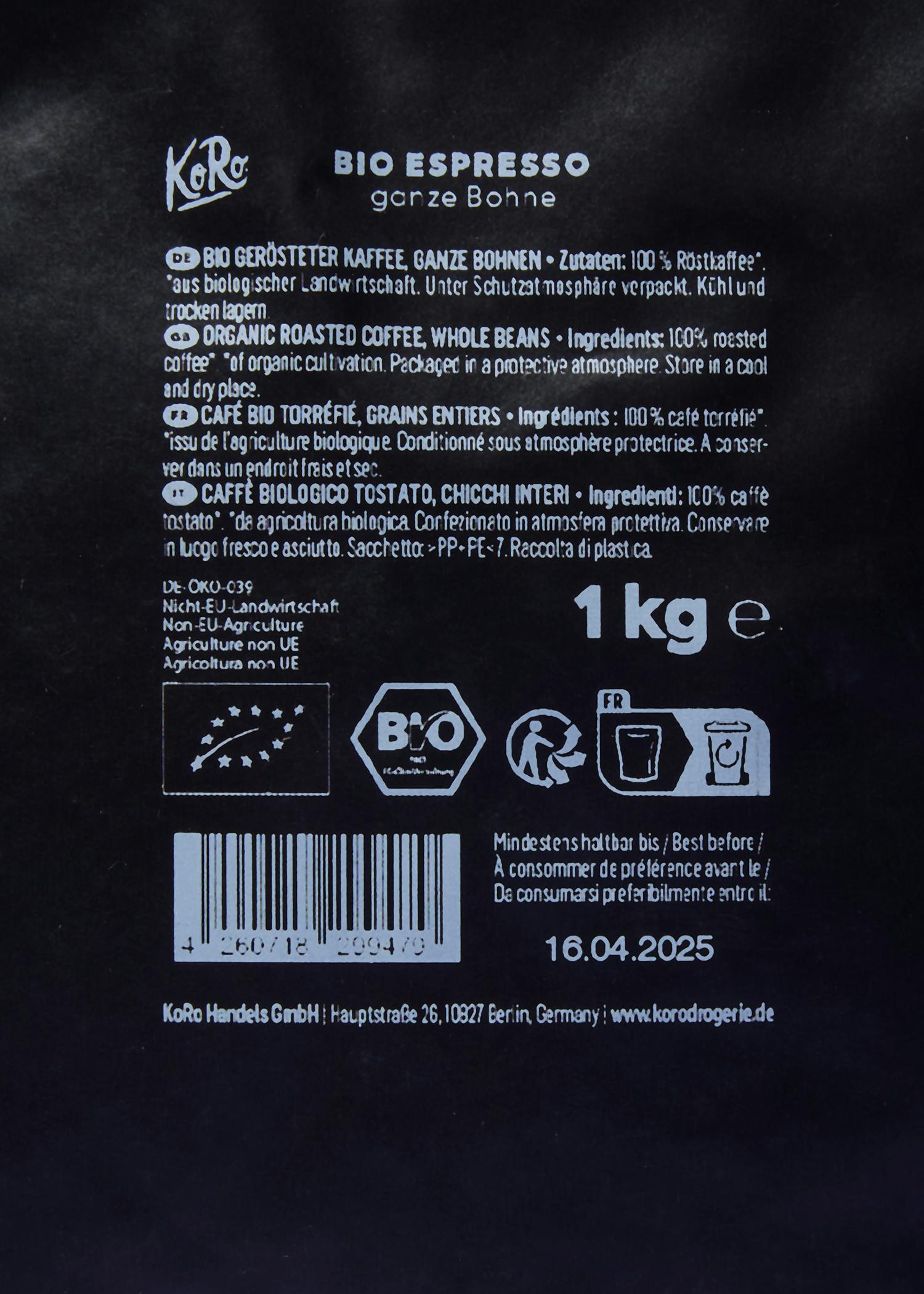 Bio Espresso ganze Bohne 1 kg