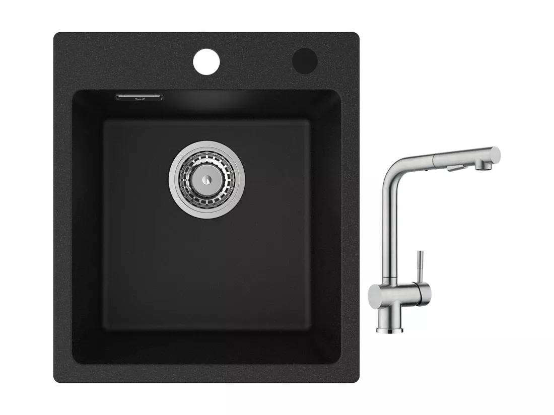 Cecipa max 40x45cm Evier de Cuisine en Quartz et Résine Evier Quartz 1 Bac Noir + Robinet Cuisine avec Douchette Mitigeur d'évier Extractible Brossé