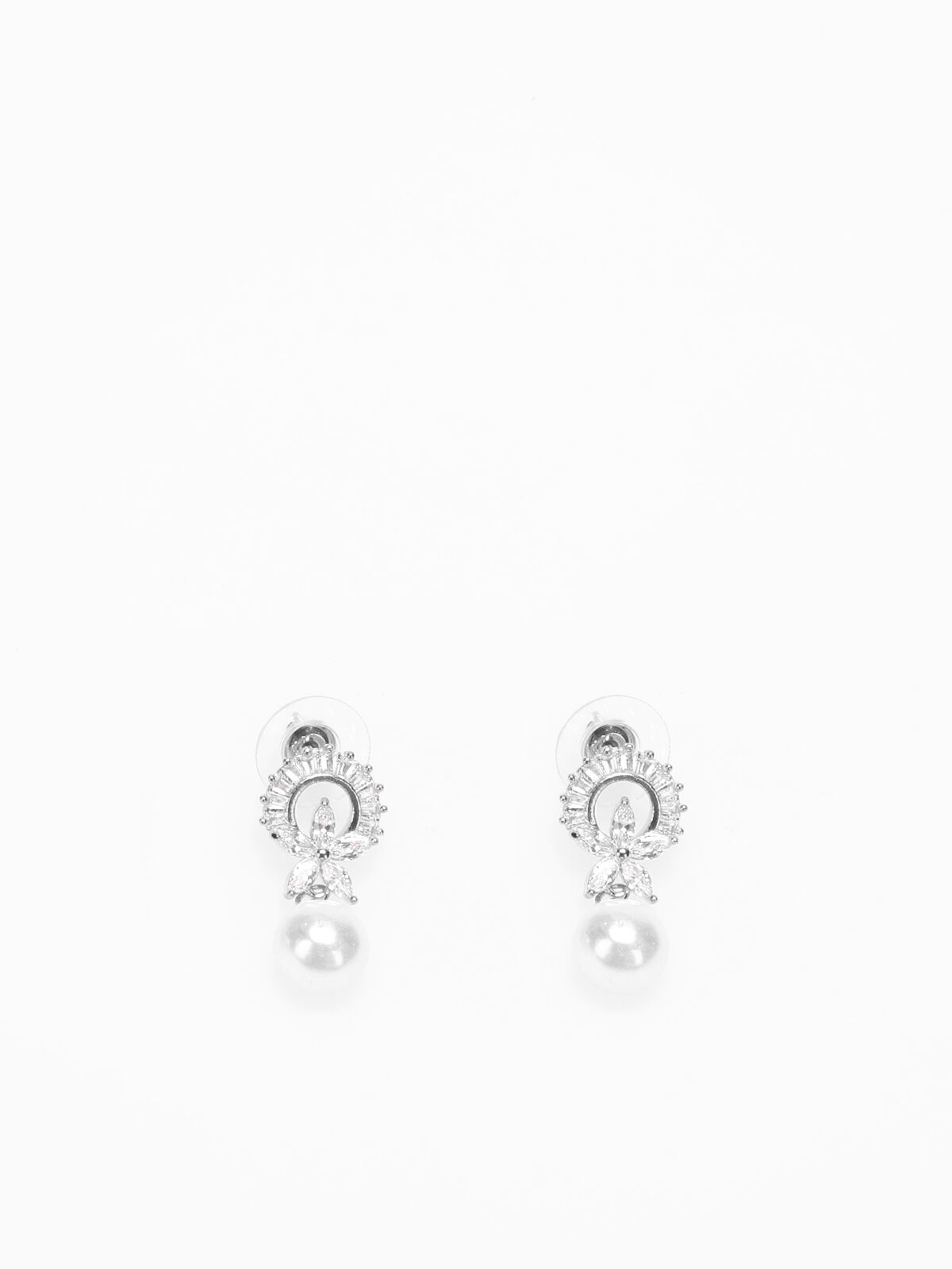 Boucles d'oreilles pendantes à perles et strass- Argenté