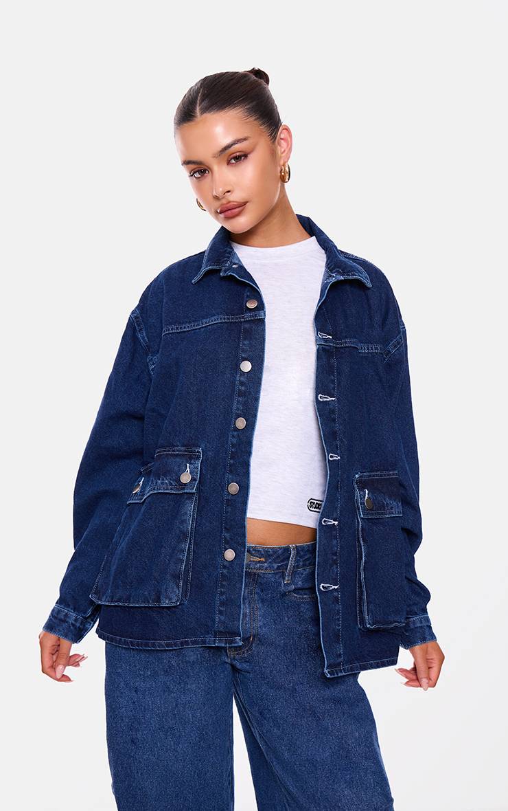 Bleu Indigo Surchemise En Denim Oversize À Boutons Avec Détails De Poches