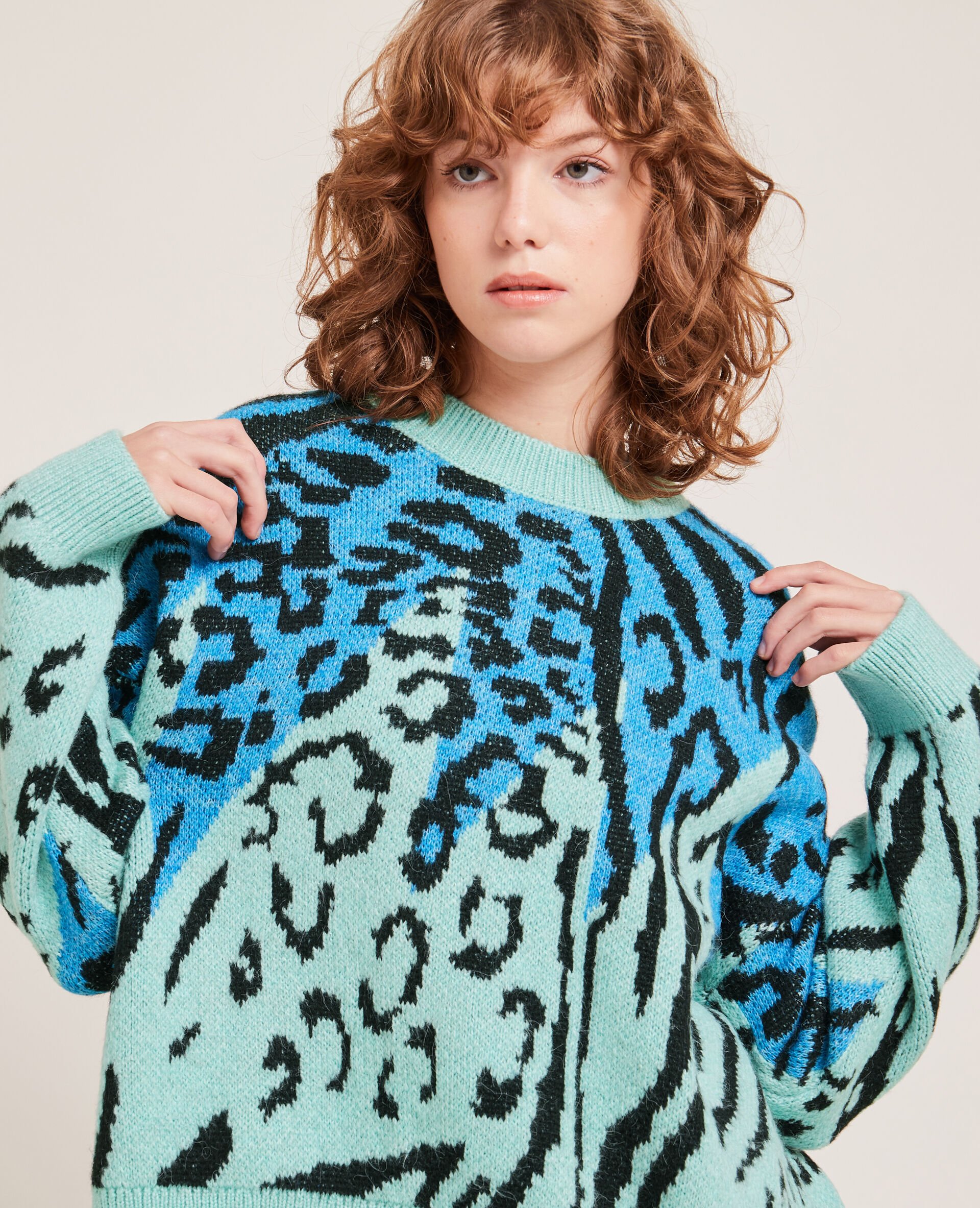 Pull motif léopard fantaisie - Bleu