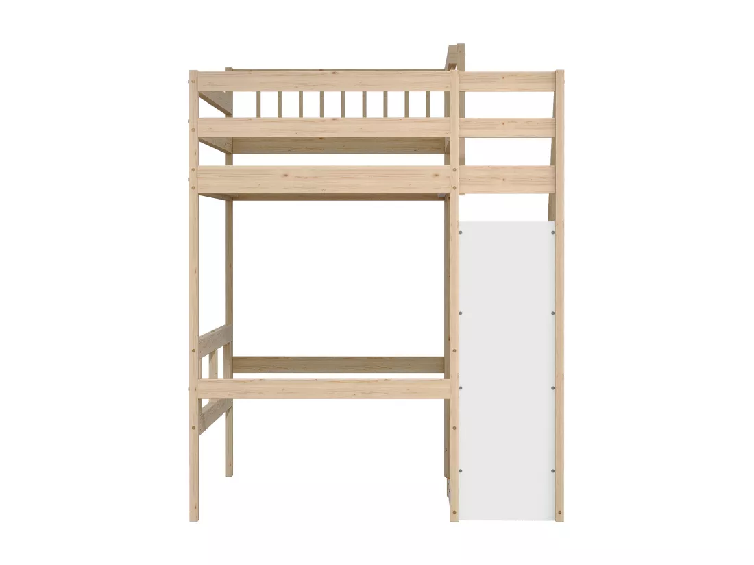 Lit mezzanine 90 x 200 cm avec placard de rangement - Bois massif + MDF - Naturel et blanc (sans matelas)
