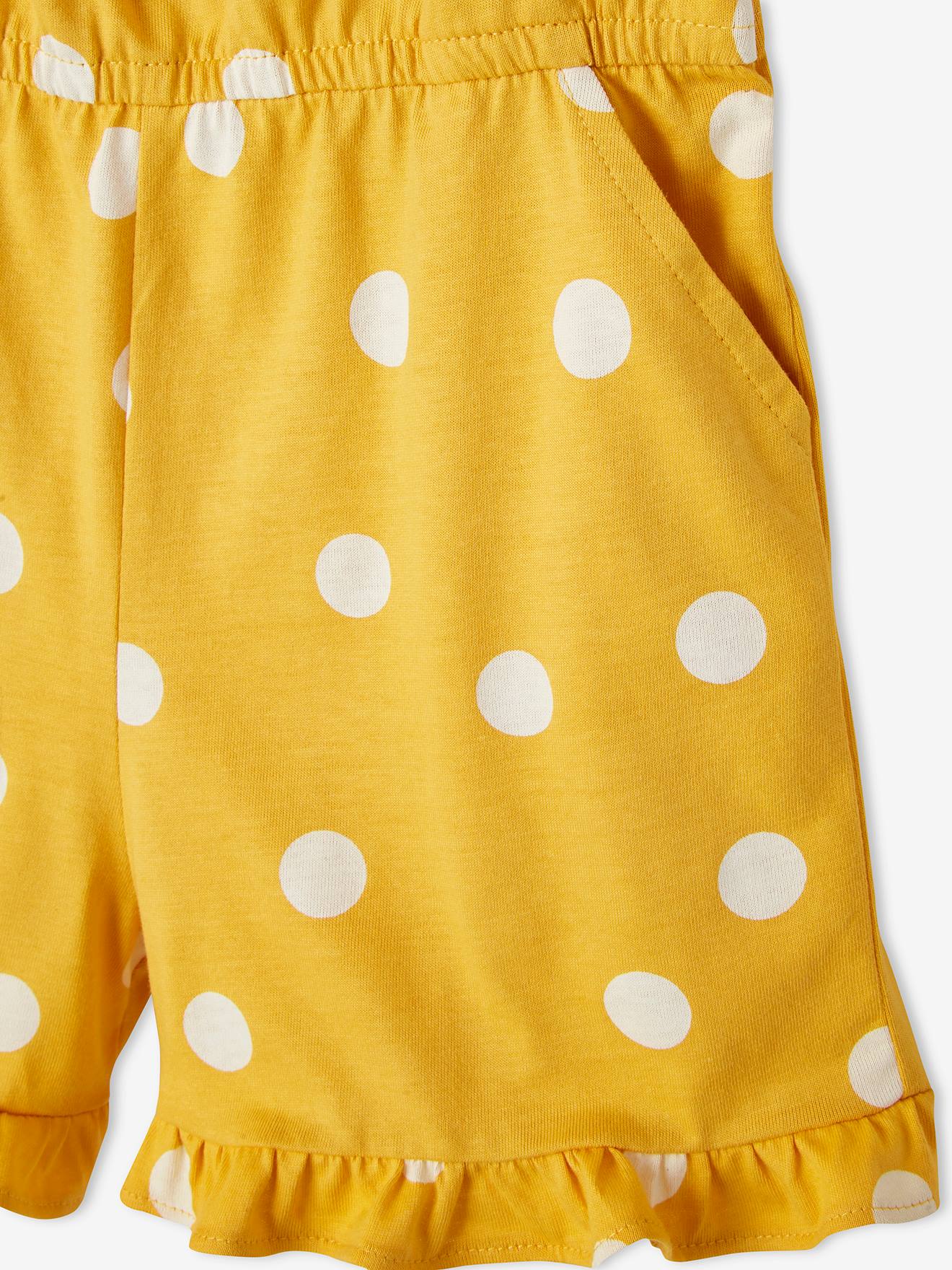 Macacão curto com alças e estampa exótica, para meninas, estampa amarelo escuro.