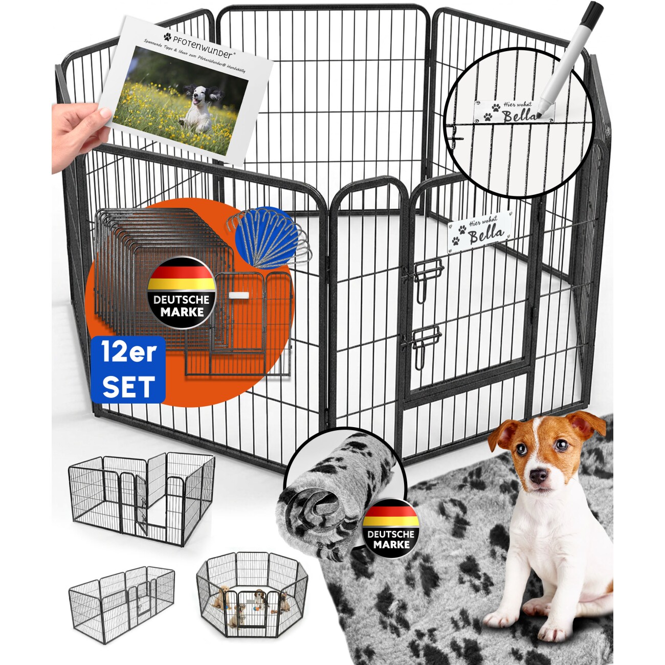PfotenWunder® Welpenlaufstall 12-teilig, 80cm hoch + 1 Hundebett & 1 Trainingsbuch | Welpenauslauf, Hunde-Laufstall faltbar mit Tür, Tierlaufstall indoor outdoor wetterfest