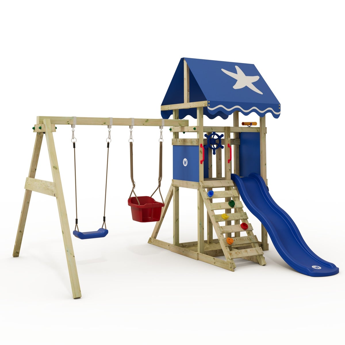 WICKEY DinkyStar Speeltoren Klimrek met Schommel en Glijbaan, Klimtoren met Zandbak, Ladder en Speelaccessoires - Blauw