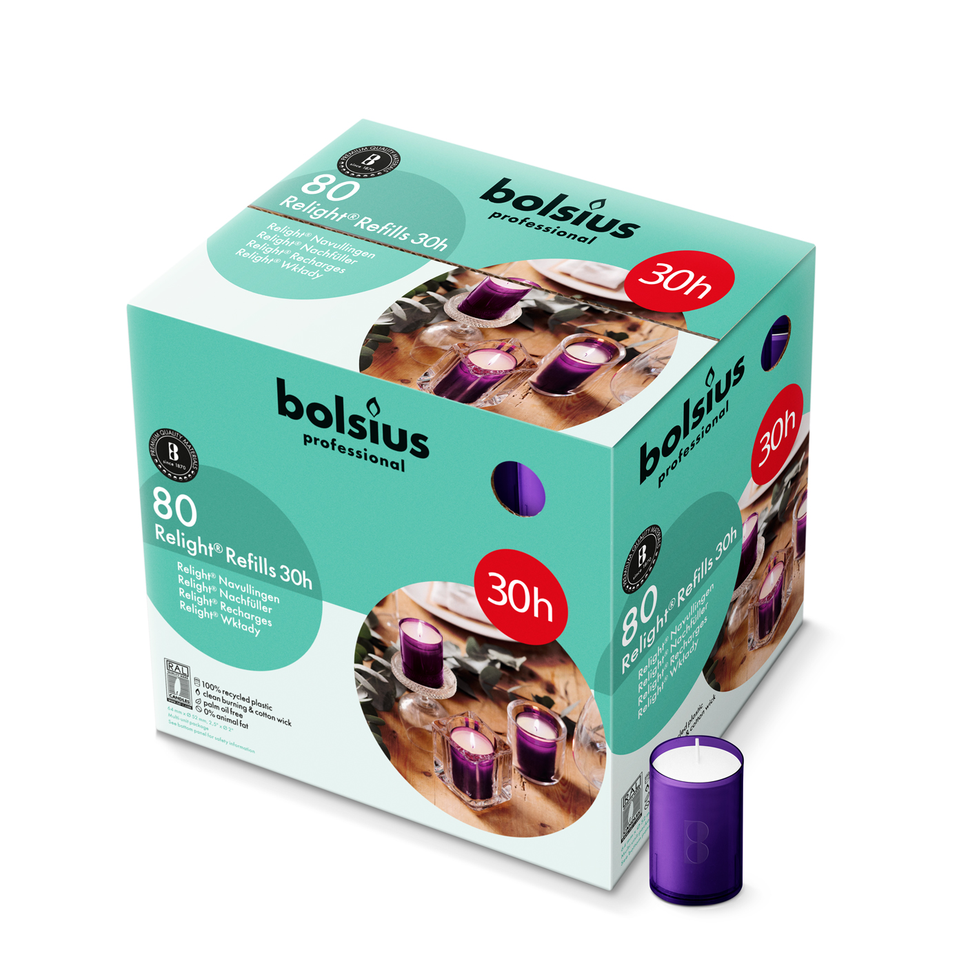 Bolsius Horeca Relight® Plus Navullingen 64/52 Paars (80 stuks)