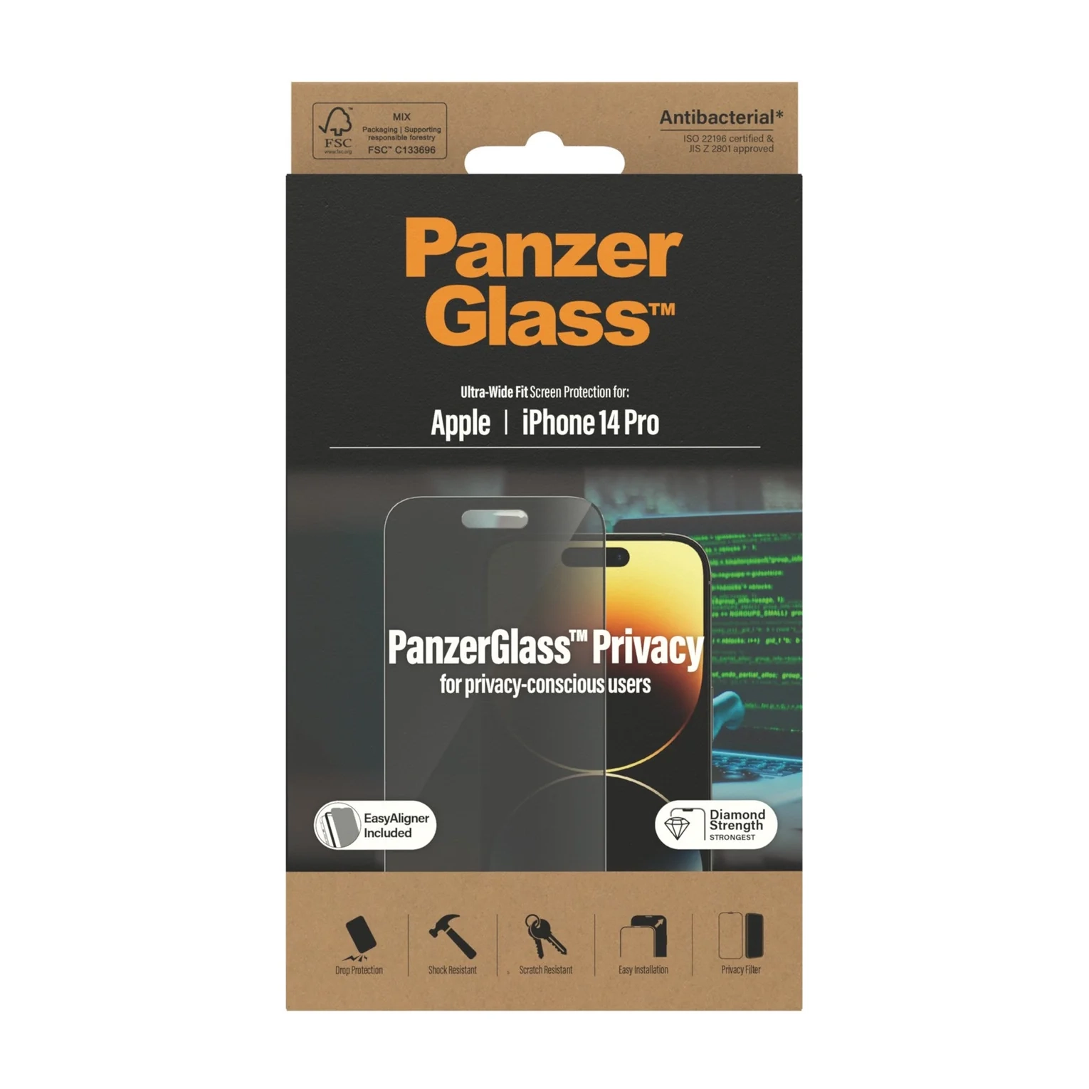 iPhone 14 Pro Ultra Wide Fit Panzerglas Privacy Displayschutz mit EasyAligner Case Friendly (P2784)