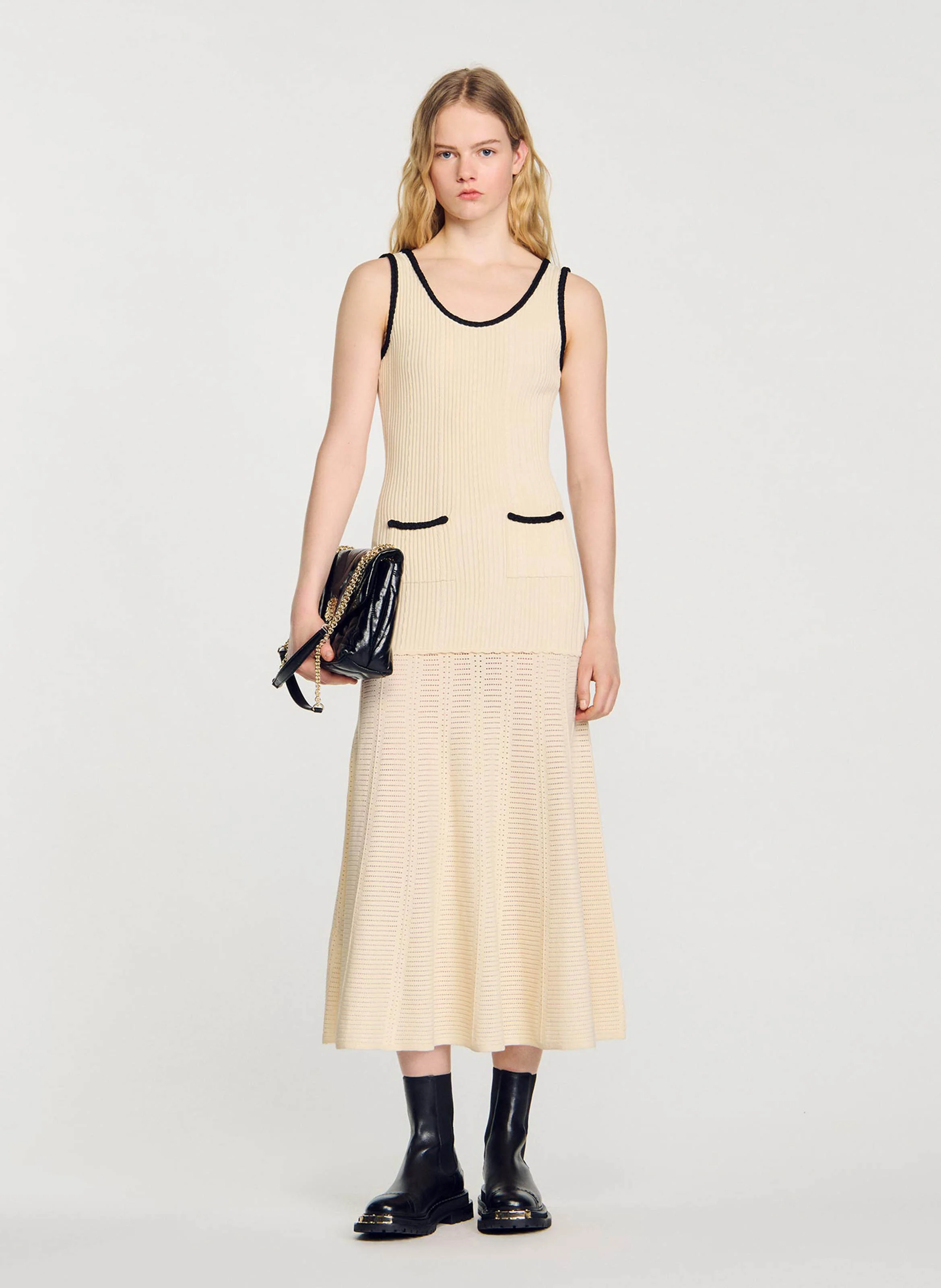 Robe longue évasée col rond en maille | Blanc