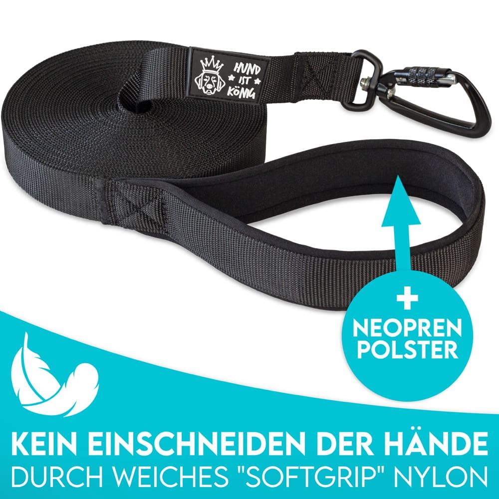 HUND IST KÖNIG® 15m Hunde Schleppleine mit Sicherheitskarabiner & gepolsterter Handschlaufe