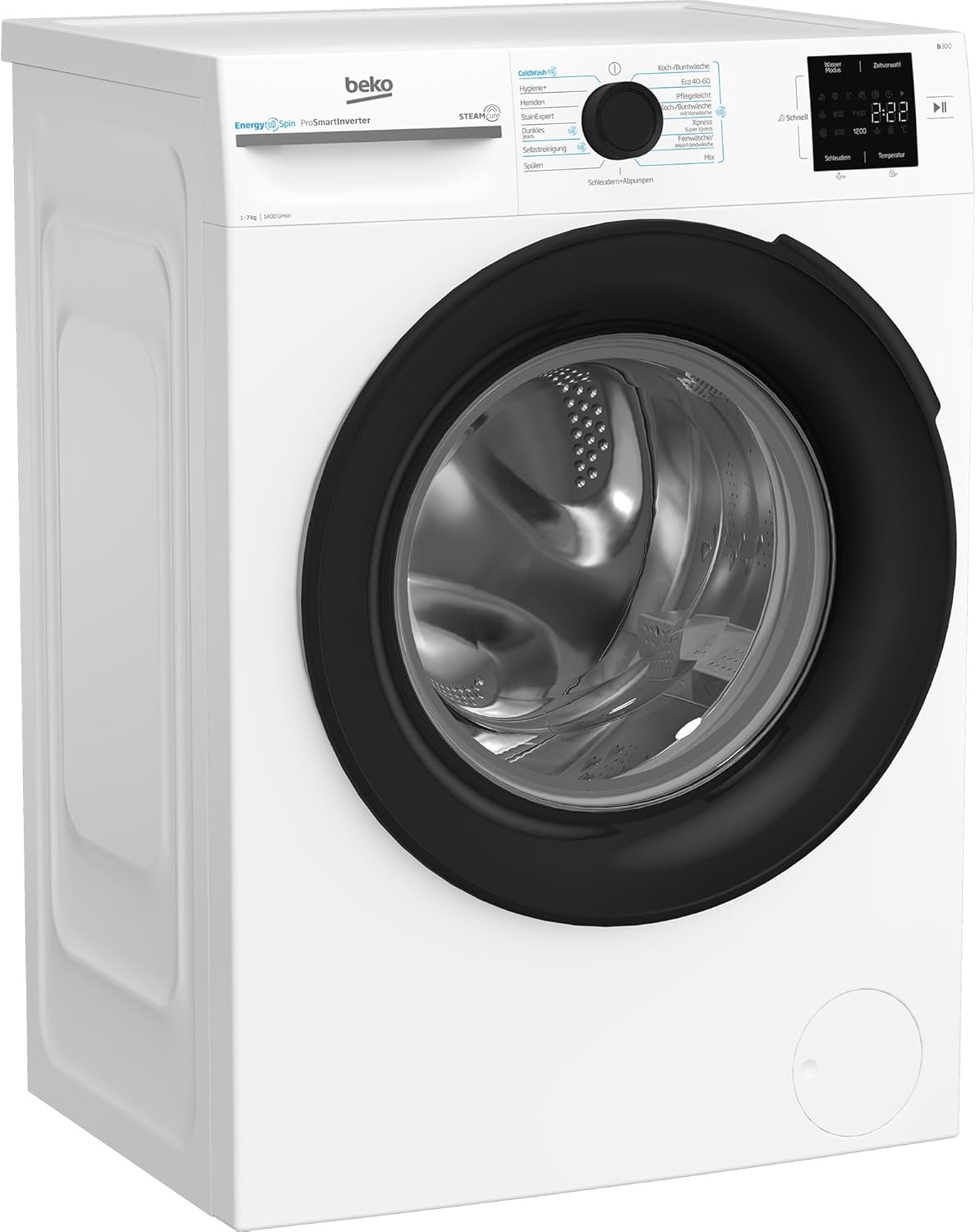 Beko BM3WFU3741X freistehende Waschmaschine, Waschvollautomat, 7 kg, EnergySpin, Schleuderwahl 1400 U/min, Dampffunktion, Hygiene+ allergikergeeignet, Coldwash Wasser-& Zeitersparnis, Weiß