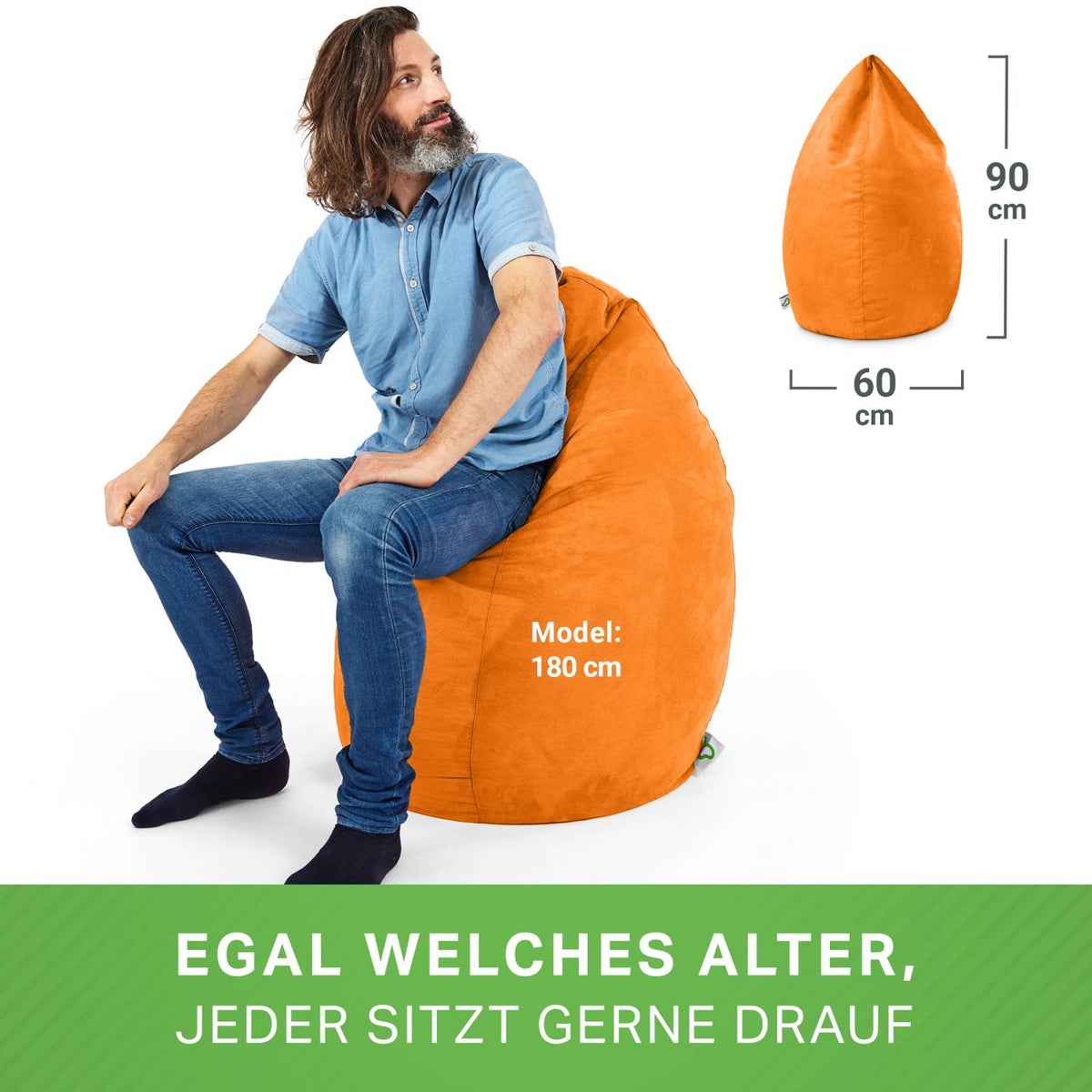 Green Bean Zitzak met rugleuning 60x60x90cm - Binnenzitkussen 220L vulling, comfortabel, wasbaar - Zitzak vloerkussen, loungestoel, voetenbank - oranje