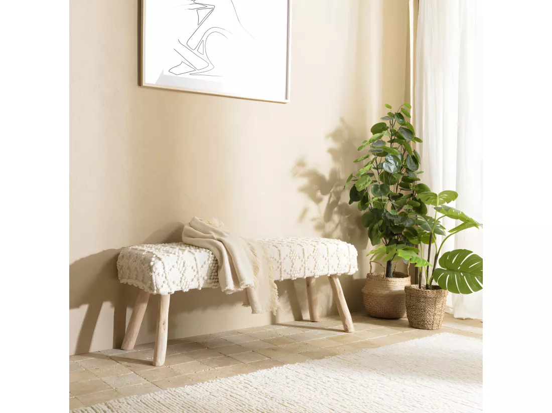 CHARLES - Banc 120x40cm laine motifs losanges couleur ivoire pieds bois